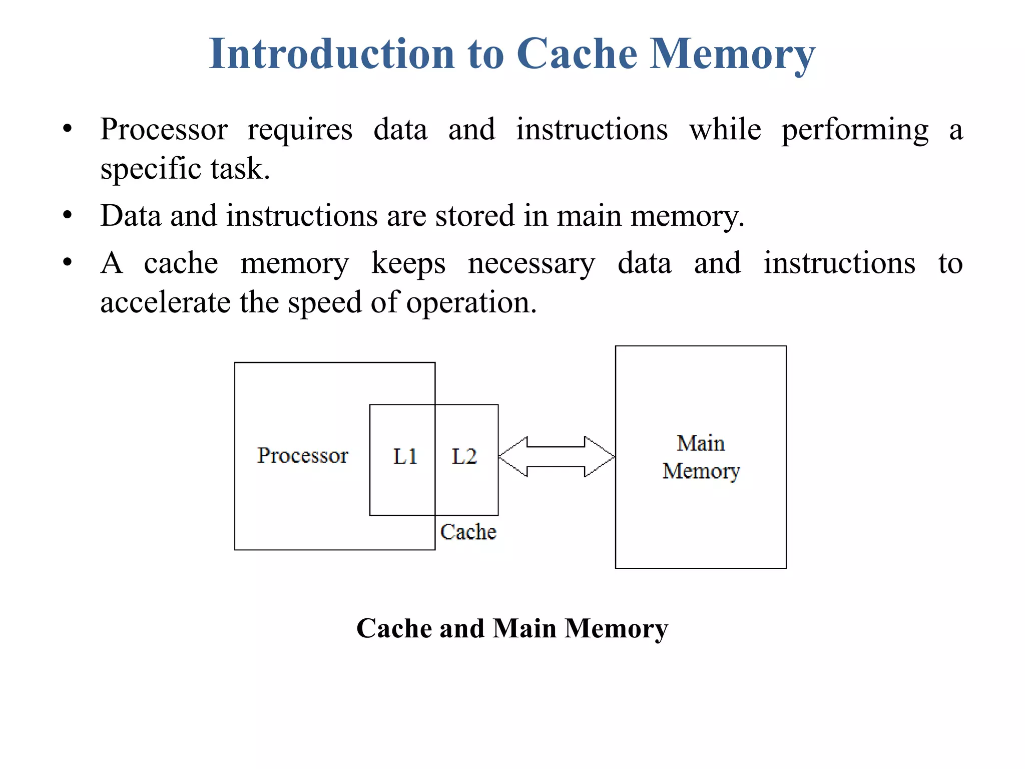 Introduction to Cache Memory
• Processor requires data and instructions while performing a
specific task.
• Data and instructions are stored in main memory.
• A cache memory keeps necessary data and instructions to
accelerate the speed of operation.
Cache and Main Memory
 
