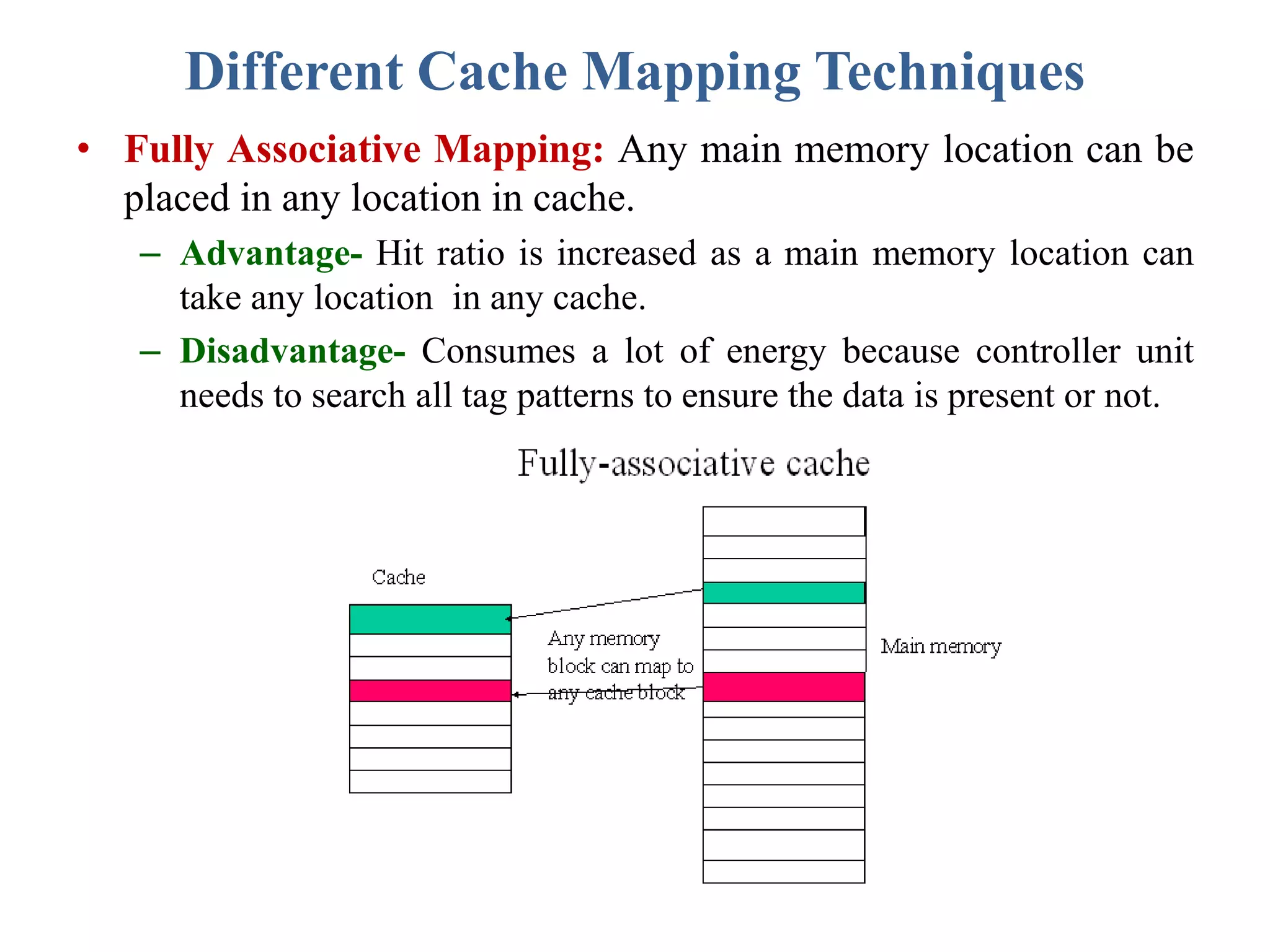 Different Cache Mapping Techniques
• Fully Associative Mapping: Any main memory location can be
placed in any location in cache.
– Advantage- Hit ratio is increased as a main memory location can
take any location in any cache.
– Disadvantage- Consumes a lot of energy because controller unit
needs to search all tag patterns to ensure the data is present or not.
 