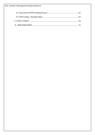 Rizvi Institute of Management Studies & Research
8.3 Assessment Of IPO Grading Process.................................................................62
8.4 IPO Grading - Ratnakar Bank ...........................................................................64
9. CONCLUSION........................................................................................................70
10. BIBLIOGRAPHY.................................................................................................73
 