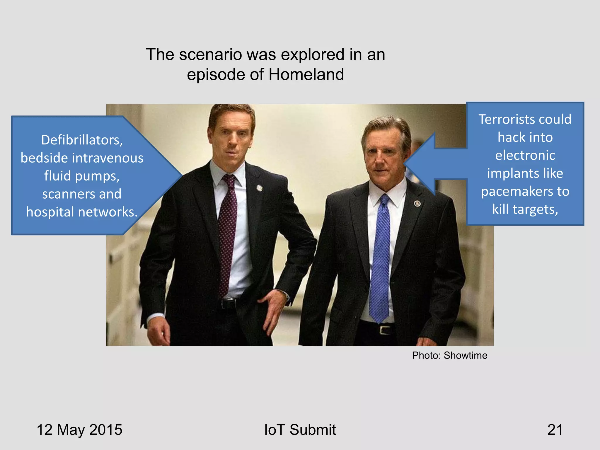 12 May 2015 IoT Submit 21
Photo: Showtime
The scenario was explored in an
episode of Homeland
Terrorists could
hack into
electronic
implants like
pacemakers to
kill targets,
Defibrillators,
bedside intravenous
fluid pumps,
scanners and
hospital networks.
 