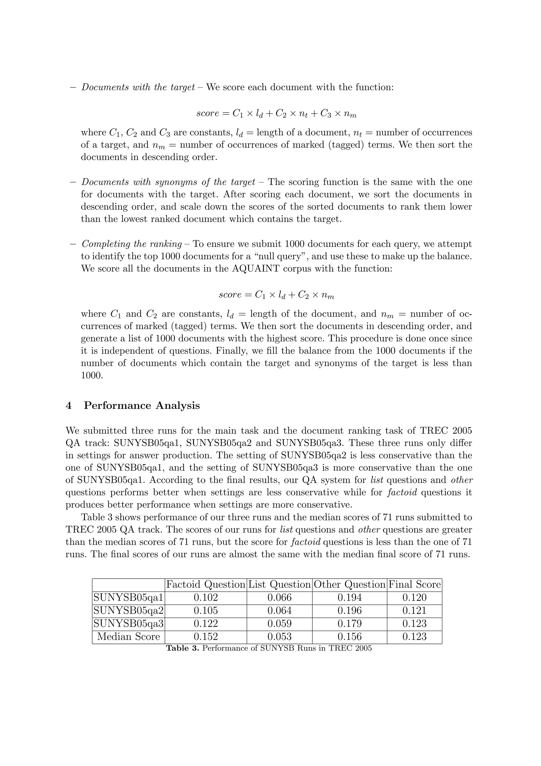– Documents with the target – We score each document with the function:
score = C1 × ld + C2 × nt + C3 × nm
where C1, C2 and C3 are constants, ld = length of a document, nt = number of occurrences
of a target, and nm = number of occurrences of marked (tagged) terms. We then sort the
documents in descending order.
– Documents with synonyms of the target – The scoring function is the same with the one
for documents with the target. After scoring each document, we sort the documents in
descending order, and scale down the scores of the sorted documents to rank them lower
than the lowest ranked document which contains the target.
– Completing the ranking – To ensure we submit 1000 documents for each query, we attempt
to identify the top 1000 documents for a “null query”, and use these to make up the balance.
We score all the documents in the AQUAINT corpus with the function:
score = C1 × ld + C2 × nm
where C1 and C2 are constants, ld = length of the document, and nm = number of oc-
currences of marked (tagged) terms. We then sort the documents in descending order, and
generate a list of 1000 documents with the highest score. This procedure is done once since
it is independent of questions. Finally, we ﬁll the balance from the 1000 documents if the
number of documents which contain the target and synonyms of the target is less than
1000.
4 Performance Analysis
We submitted three runs for the main task and the document ranking task of TREC 2005
QA track: SUNYSB05qa1, SUNYSB05qa2 and SUNYSB05qa3. These three runs only diﬀer
in settings for answer production. The setting of SUNYSB05qa2 is less conservative than the
one of SUNYSB05qa1, and the setting of SUNYSB05qa3 is more conservative than the one
of SUNYSB05qa1. According to the ﬁnal results, our QA system for list questions and other
questions performs better when settings are less conservative while for factoid questions it
produces better performance when settings are more conservative.
Table 3 shows performance of our three runs and the median scores of 71 runs submitted to
TREC 2005 QA track. The scores of our runs for list questions and other questions are greater
than the median scores of 71 runs, but the score for factoid questions is less than the one of 71
runs. The ﬁnal scores of our runs are almost the same with the median ﬁnal score of 71 runs.
Factoid Question List Question Other Question Final Score
SUNYSB05qa1 0.102 0.066 0.194 0.120
SUNYSB05qa2 0.105 0.064 0.196 0.121
SUNYSB05qa3 0.122 0.059 0.179 0.123
Median Score 0.152 0.053 0.156 0.123
Table 3. Performance of SUNYSB Runs in TREC 2005
 