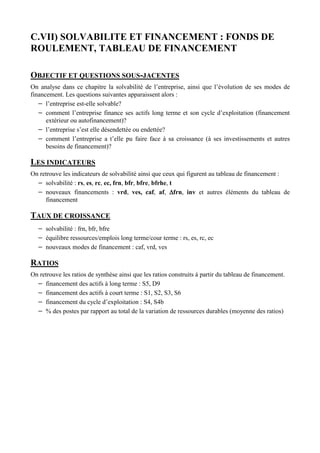 C.VII) SOLVABILITE ET FINANCEMENT : FONDS DE 
ROULEMENT, TABLEAU DE FINANCEMENT 
OBJECTIF ET QUESTIONS SOUS-JACENTES 
On analyse dans ce chapitre la solvabilité de l’entreprise, ainsi que l’évolution de ses modes de 
financement. Les questions suivantes apparaissent alors : 
− l’entreprise est-elle solvable? 
− comment l’entreprise finance ses actifs long terme et son cycle d’exploitation (financement 
extérieur ou autofinancement)? 
− l’entreprise s’est elle désendettée ou endettée? 
− comment l’entreprise a t’elle pu faire face à sa croissance (à ses investissements et autres 
besoins de financement)? 
LES INDICATEURS 
On retrouve les indicateurs de solvabilité ainsi que ceux qui figurent au tableau de financement : 
− solvabilité : rs, es, rc, ec, frn, bfr, bfre, bfrhe, t 
− nouveaux financements : vrd, ves, caf, af, Δfrn, inv et autres éléments du tableau de 
financement 
TAUX DE CROISSANCE 
− solvabilité : frn, bfr, bfre 
− équilibre ressources/emplois long terme/cour terme : rs, es, rc, ec 
− nouveaux modes de financement : caf, vrd, ves 
RATIOS 
On retrouve les ratios de synthèse ainsi que les ratios construits à partir du tableau de financement. 
− financement des actifs à long terme : S5, D9 
− financement des actifs à court terme : S1, S2, S3, S6 
− financement du cycle d’exploitation : S4, S4b 
− % des postes par rapport au total de la variation de ressources durables (moyenne des ratios) 
 