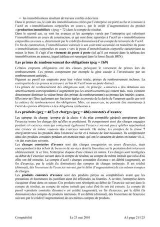 − les immobilisations résultant de travaux confiés à des tiers 
Dans le premier cas, le coût des immobilisations créées par l’entreprise est porté au fur et à mesure à 
l’actif en « immobilisations corporelles en cours », par le crédit (l’augmentation) du produit 
« production immobilisée » (pcg = 72) dans le compte de résultat. 
Dans le second cas, ce sont les avances et les acomptes versés par l’entreprise qui valorisent 
l’immobilisation en cours de construction, et qui sont donc reportées à l’actif en « immobilisations 
corporelles en cours », directement par le crédit (la diminution) d’un compte de trésorerie de l’actif. 
En fin de construction, l’immobilisation valorisée à son coût total accumulé est transférée du poste 
« immobilisations corporelles en cours » vers le poste d’immobilisation corporelle caractérisant au 
mieux le bien. Il s’agit d’un virement de poste à poste (tel qu’il est mesuré dans le tableau des 
immobilisations en annexe, lequel tableau est renseigné dans la liasse fiscale BRN). 
Les primes de remboursement des obligations (pcg = 169) 
Certains emprunts obligataires ont des clauses prévoyant le versement de primes lors du 
remboursement. Ces primes compensent par exemple la gêne causée à l’investisseur par un 
remboursement anticipé... 
Figurent au passif ces emprunts pour leur valeur totale, primes de remboursement incluses. La 
contrepartie de ces primes se retrouve en bas de l’actif sous un poste distinct. 
Les primes de remboursement des obligations sont, en principe, « amorties » (les dotations aux 
amortissements correspondants n’augmentent pas les amortissements qui restent nuls, mais viennent 
directement diminuer la valeur brute des primes de remboursement) au prorata des intérêts courus. 
Elles peuvent l'être également par fractions égales au prorata de la durée de l'emprunt quelle que soit 
la cadence de remboursement des obligations. Mais, en aucun cas, ne peuvent être maintenues à 
l'actif des primes afférentes à des obligations remboursées. 
Les produits (pcg = 487) et charges (pcg = 486) constatés d’avance 
Les comptes de charges (compte de la classe 6 du plan comptable général) enregistrent dans 
l'exercice toutes les charges dès qu'elles se produisent. Ils comprennent ainsi des charges engagées 
pendant cet exercice mais qui concernent également l’exercice suivant parce qu'elles représentent 
une créance en nature vis-à-vis des exercices suivants. De même, les comptes de la classe 7 
enregistrent tous les produits dans l'exercice au fur et à mesure de leur naissance. Ils comprennent 
ainsi des produits constatés pendant cet exercice mais qui ont le caractère de dettes en nature vis-à-vis 
des exercices suivants. 
Les charges constatées d’avance sont des charges enregistrées en cours d'exercice, mais 
correspondant à des achats de biens ou de services dont la fourniture ou la prestation doit intervenir 
ultérieurement. A ce titre, l'entreprise dispose d'une créance en nature. Ces charges sont réintégrées 
au début de l’exercice suivant dans le compte de résultat, au compte de même intitulé que celui d'où 
elles ont été extraites. Le compte d’actif « charges constatées d'avance » est débité (augmenté), en 
fin d'exercice, par le crédit (la diminution) des comptes de charges intéressés. Il est crédité 
(diminué), dès l'ouverture de l'exercice suivant, par le débit (l’augmentation) de ces mêmes comptes 
de charges. 
Les produits constatés d’avance sont des produits perçus ou comptabilisés avant que les 
prestations et fournitures les justifiant aient été effectuées ou fournies. A ce titre, l'entreprise devra 
s'acquitter d'une dette en nature. Ces produits sont réintégrés au début de l’exercice suivant dans le 
compte de résultat, au compte de même intitulé que celui d'où ils ont été extraits. Le compte de 
passif « produits constatés d'avance » est crédité (augmenté), en fin d'exercice, par le débit (la 
diminution) des comptes de produits intéressés. Il est débité (diminué), dès l'ouverture de l'exercice 
suivant, par le crédit (l’augmentation) de ces mêmes comptes de produits. 
Comptabilité Le 23 mai 2001 A.I page 21/125 
 