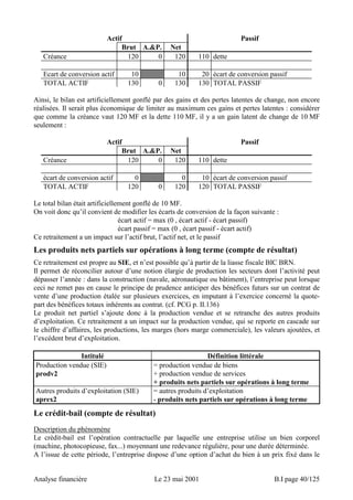 Actif Passif 
Brut A.P. Net 
Créance 120 0 120 110 dette 
Ecart de conversion actif 10 10 20 écart de conversion passif 
TOTAL ACTIF 130 0 130 130 TOTAL PASSIF 
Ainsi, le bilan est artificiellement gonflé par des gains et des pertes latentes de change, non encore 
réalisées. Il serait plus économique de limiter au maximum ces gains et pertes latentes : considérer 
que comme la créance vaut 120 MF et la dette 110 MF, il y a un gain latent de change de 10 MF 
seulement : 
Actif Passif 
Brut A.P. Net 
Créance 120 0 120 110 dette 
écart de conversion actif 0 0 10 écart de conversion passif 
TOTAL ACTIF 120 0 120 120 TOTAL PASSIF 
Le total bilan était artificiellement gonflé de 10 MF. 
On voit donc qu’il convient de modifier les écarts de conversion de la façon suivante : 
écart actif = max (0 , écart actif - écart passif) 
écart passif = max (0 , écart passif - écart actif) 
Ce retraitement a un impact sur l’actif brut, l’actif net, et le passif 
Les produits nets partiels sur opérations à long terme (compte de résultat) 
Ce retraitement est propre au SIE, et n’est possible qu’à partir de la liasse fiscale BIC BRN. 
Il permet de réconcilier autour d’une notion élargie de production les secteurs dont l’activité peut 
dépasser l’année : dans la construction (navale, aéronautique ou bâtiment), l’entreprise peut lorsque 
ceci ne remet pas en cause le principe de prudence anticiper des bénéfices futurs sur un contrat de 
vente d’une production étalée sur plusieurs exercices, en imputant à l’exercice concerné la quote-part 
des bénéfices totaux inhérents au contrat. (cf. PCG p. II.136) 
Le produit net partiel s’ajoute donc à la production vendue et se retranche des autres produits 
d’exploitation. Ce retraitement a un impact sur la production vendue, qui se reporte en cascade sur 
le chiffre d’affaires, les productions, les marges (hors marge commerciale), les valeurs ajoutées, et 
l’excédent brut d’exploitation. 
Intitulé Définition littérale 
Production vendue (SIE) 
prodv2 
= production vendue de biens 
+ production vendue de services 
+ produits nets partiels sur opérations à long terme 
Autres produits d’exploitation (SIE) 
aprex2 
= autres produits d’exploitation 
- produits nets partiels sur opérations à long terme 
Le crédit-bail (compte de résultat) 
Description du phénomène 
Le crédit-bail est l’opération contractuelle par laquelle une entreprise utilise un bien corporel 
(machine, photocopieuse, fax...) moyennant une redevance régulière, pour une durée déterminée. 
A l’issue de cette période, l’entreprise dispose d’une option d’achat du bien à un prix fixé dans le 
Analyse financière Le 23 mai 2001 B.I page 40/125 
 