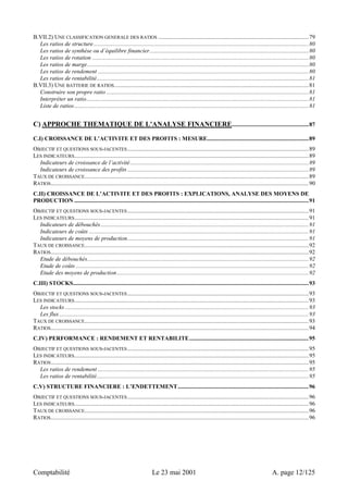 B.VII.2) UNE CLASSIFICATION GENERALE DES RATIOS ......................................................................................................79 
Les ratios de structure..................................................................................................................................................80 
Les ratios de synthèse ou d’équilibre financier............................................................................................................80 
Les ratios de rotation ...................................................................................................................................................80 
Les ratios de marge ......................................................................................................................................................80 
Les ratios de rendement ...............................................................................................................................................80 
Les ratios de rentabilité................................................................................................................................................81 
B.VII.3) UNE BATTERIE DE RATIOS....................................................................................................................................81 
Construire son propre ratio .........................................................................................................................................81 
Interpréter un ratio.......................................................................................................................................................81 
Liste de ratios...............................................................................................................................................................81 
C) APPROCHE THEMATIQUE DE L'ANALYSE FINANCIERE....................................................87 
C.I) CROISSANCE DE L’ACTIVITE ET DES PROFITS : MESURE.....................................................................89 
OBJECTIF ET QUESTIONS SOUS-JACENTES...........................................................................................................................89 
LES INDICATEURS...............................................................................................................................................................89 
Indicateurs de croissance de l’activité.........................................................................................................................89 
Indicateurs de croissance des profits ...........................................................................................................................89 
TAUX DE CROISSANCE........................................................................................................................................................89 
RATIOS...............................................................................................................................................................................90 
C.II) CROISSANCE DE L’ACTIVITE ET DES PROFITS : EXPLICATIONS, ANALYSE DES MOYENS DE 
PRODUCTION ...............................................................................................................................................................91 
OBJECTIF ET QUESTIONS SOUS-JACENTES...........................................................................................................................91 
LES INDICATEURS...............................................................................................................................................................91 
Indicateurs de débouchés.............................................................................................................................................91 
Indicateurs de coûts .....................................................................................................................................................91 
Indicateurs de moyens de production...........................................................................................................................91 
TAUX DE CROISSANCE........................................................................................................................................................92 
RATIOS...............................................................................................................................................................................92 
Etude de débouchés......................................................................................................................................................92 
Etude de coûts ..............................................................................................................................................................92 
Etude des moyens de production..................................................................................................................................92 
C.III) STOCKS................................................................................................................................................................93 
OBJECTIF ET QUESTIONS SOUS-JACENTES...........................................................................................................................93 
LES INDICATEURS...............................................................................................................................................................93 
Les stocks .....................................................................................................................................................................93 
Les flux .........................................................................................................................................................................93 
TAUX DE CROISSANCE........................................................................................................................................................93 
RATIOS...............................................................................................................................................................................94 
C.IV) PERFORMANCE : RENDEMENT ET RENTABILITE.................................................................................95 
OBJECTIF ET QUESTIONS SOUS-JACENTES...........................................................................................................................95 
LES INDICATEURS...............................................................................................................................................................95 
RATIOS...............................................................................................................................................................................95 
Les ratios de rendement ...............................................................................................................................................95 
Les ratios de rentabilité................................................................................................................................................95 
C.V) STRUCTURE FINANCIERE : L’ENDETTEMENT.........................................................................................96 
OBJECTIF ET QUESTIONS SOUS-JACENTES...........................................................................................................................96 
LES INDICATEURS...............................................................................................................................................................96 
TAUX DE CROISSANCE........................................................................................................................................................96 
RATIOS...............................................................................................................................................................................96 
Comptabilité Le 23 mai 2001 A. page 12/125 
 