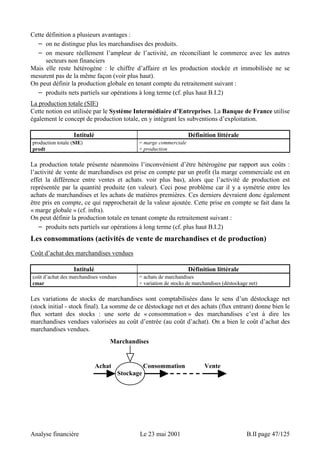 Cette définition a plusieurs avantages : 
− on ne distingue plus les marchandises des produits. 
− on mesure réellement l’ampleur de l’activité, en réconciliant le commerce avec les autres 
secteurs non financiers 
Mais elle reste hétérogène : le chiffre d’affaire et les production stockée et immobilisée ne se 
mesurent pas de la même façon (voir plus haut). 
On peut définir la production globale en tenant compte du retraitement suivant : 
− produits nets partiels sur opérations à long terme (cf. plus haut B.I.2) 
La production totale (SIE) 
Cette notion est utilisée par le Système Intermédiaire d’Entreprises. La Banque de France utilise 
également le concept de production totale, en y intégrant les subventions d’exploitation. 
Intitulé Définition littérale 
production totale (SIE) 
prodt 
= marge commerciale 
+ production 
La production totale présente néanmoins l’inconvénient d’être hétérogène par rapport aux coûts : 
l’activité de vente de marchandises est prise en compte par un profit (la marge commerciale est en 
effet la différence entre ventes et achats. voir plus bas), alors que l’activité de production est 
représentée par la quantité produite (en valeur). Ceci pose problème car il y a symétrie entre les 
achats de marchandises et les achats de matières premières. Ces derniers devraient donc également 
être pris en compte, ce qui rapprocherait de la valeur ajoutée. Cette prise en compte se fait dans la 
« marge globale » (cf. infra). 
On peut définir la production totale en tenant compte du retraitement suivant : 
− produits nets partiels sur opérations à long terme (cf. plus haut B.I.2) 
Les consommations (activités de vente de marchandises et de production) 
Coût d’achat des marchandises vendues 
Intitulé Définition littérale 
coût d’achat des marchandises vendues 
cmar 
= achats de marchandises 
+ variation de stocks de marchandises (déstockage net) 
Les variations de stocks de marchandises sont comptabilisées dans le sens d’un déstockage net 
(stock initial - stock final). La somme de ce déstockage net et des achats (flux entrant) donne bien le 
flux sortant des stocks : une sorte de « consommation » des marchandises c’est à dire les 
marchandises vendues valorisées au coût d’entrée (au coût d’achat). On a bien le coût d’achat des 
marchandises vendues. 
Marchandises 
Achat 
Consommation Vente 
Stockage 
Analyse financière Le 23 mai 2001 B.II page 47/125 
 