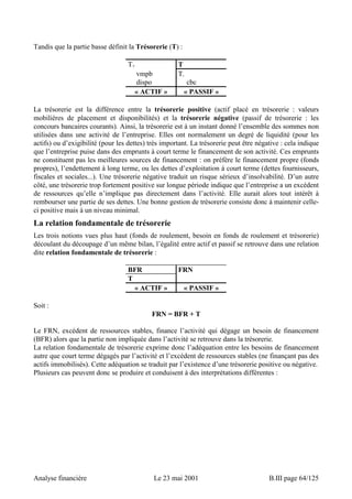 Tandis que la partie basse définit la Trésorerie (T) : 
T+ T 
vmpb T-dispo 
cbc 
« ACTIF » « PASSIF » 
La trésorerie est la différence entre la trésorerie positive (actif placé en trésorerie : valeurs 
mobilières de placement et disponibilités) et la trésorerie négative (passif de trésorerie : les 
concours bancaires courants). Ainsi, la trésorerie est à un instant donné l’ensemble des sommes non 
utilisées dans une activité de l’entreprise. Elles ont normalement un degré de liquidité (pour les 
actifs) ou d’exigibilité (pour les dettes) très important. La trésorerie peut être négative : cela indique 
que l’entreprise puise dans des emprunts à court terme le financement de son activité. Ces emprunts 
ne constituent pas les meilleures sources de financement : on préfère le financement propre (fonds 
propres), l’endettement à long terme, ou les dettes d’exploitation à court terme (dettes fournisseurs, 
fiscales et sociales...). Une trésorerie négative traduit un risque sérieux d’insolvabilité. D’un autre 
côté, une trésorerie trop fortement positive sur longue période indique que l’entreprise a un excédent 
de ressources qu’elle n’implique pas directement dans l’activité. Elle aurait alors tout intérêt à 
rembourser une partie de ses dettes. Une bonne gestion de trésorerie consiste donc à maintenir celle-ci 
positive mais à un niveau minimal. 
La relation fondamentale de trésorerie 
Les trois notions vues plus haut (fonds de roulement, besoin en fonds de roulement et trésorerie) 
découlant du découpage d’un même bilan, l’égalité entre actif et passif se retrouve dans une relation 
dite relation fondamentale de trésorerie : 
BFR FRN 
T 
« ACTIF » « PASSIF » 
Soit : 
FRN = BFR + T 
Le FRN, excédent de ressources stables, finance l’activité qui dégage un besoin de financement 
(BFR) alors que la partie non impliquée dans l’activité se retrouve dans la trésorerie. 
La relation fondamentale de trésorerie exprime donc l’adéquation entre les besoins de financement 
autre que court terme dégagés par l’activité et l’excédent de ressources stables (ne finançant pas des 
actifs immobilisés). Cette adéquation se traduit par l’existence d’une trésorerie positive ou négative. 
Plusieurs cas peuvent donc se produire et conduisent à des interprétations différentes : 
Analyse financière Le 23 mai 2001 B.III page 64/125 
 