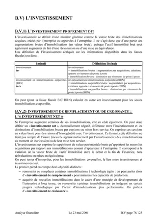 B.V) L’INVESTISSEMENT 
B.V.1) L’INVESTISSEMENT PROPREMENT DIT 
L’investissement se définit d’une manière générale comme la valeur brute des immobilisations 
acquises, créées par l’entreprise ou apportées à l’entreprise. Il ne s’agit donc que d’une partie des 
augmentations brutes d’immobilisations (en valeur brute), puisque l’actif immobilisé brut peut 
également augmenter du fait d’une réévaluation ou d’une mise en équivalence. 
Une définition de l’investissement (calquée sur les informations disponibles dans les liasses 
fiscales) est donc : 
Intitulé Définition littérale 
investissement 
inv 
investissement 
= immobilisations brutes : augmentation par acquisitions, créations, 
apports et virements de poste à poste 
- immobilisations brutes : diminution par virements de poste à poste 
investissement en immobilisations corporelles 
(BRN) 
invic 
investissement en immobilisations corporelles (BRN) 
= immobilisations corporelles brutes : augmentation par acquisitions, 
créations, apports et virements de poste à poste (BRN) 
- immobilisations corporelles brutes : diminution par virements de 
poste à poste (BRN) 
On peut (pour la liasse fiscale BIC BRN) calculer en outre cet investissement pour les seules 
immobilisations corporelles. 
B.V.2) INVESTISSEMENT DE REMPLACEMENT OU DE CROISSANCE : 
L’« INVESTISSEMENT NET » 
Si l’entreprise augmente certaines de ses immobilisations, elle en cède également. On peut donc 
définir un « investissement net », éventuellement négatif, différence entre l’investissement et les 
diminutions d’immobilisations brutes par cessions ou mises hors service. On exprime ces cessions 
en valeur brute pour des raisons d’homogénéité avec l’investissement. Ce faisant, cette définition ne 
tient pas compte de l’usure (mesurée approximativement par l’amortissement) des immobilisations 
au moment de leur cession ou de leur mise hors service. 
L’investissement net exprime le supplément de valeur patrimoniale brute qu’apportent les nouvelles 
acquisitions par rapport aux immobilisations cessant d’appartenir à l’entreprise. Il correspond à la 
variation de la valeur brute de l’actif immobilisé entre le début et la fin de l’exercice, hors 
réévaluations ou mises en équivalence. 
On peut tenter d’interpréter, pour les immobilisations corporelles, le lien entre investissement et 
investissement net. 
Le premier prend en compte deux objectifs distincts : 
− renouveler ou remplacer certaines immobilisations à technologie égale : on peut parler alors 
d’« investissement de remplacement » pour maintenir les capacités de production. 
− acquérir de nouvelles immobilisations dans le cadre d’une stratégie de développement de 
l’entreprise à long terme, ou renouveler certaines immobilisations en intégrant un certain 
progrès technologique par l’achat d’immobilisations plus performantes. On parlera 
d’« investissement de croissance ». 
Analyse financière Le 23 mai 2001 B.V page 76/125 
 