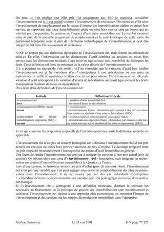 On peut, si l’on néglige tout effet prix (lié uniquement aux lois de marchés), considérer 
l’investissement net (s’il est positif) comme l’investissement de croissance. On estime en effet alors 
l’investissement de remplacement par la valeur d’origine des immobilisations cédées ou mises hors 
service, en supposant que toute immobilisation cédée ou mise hors service crée un besoin qui est 
satisfait par l’acquisition, la création ou l’apport d’une autre immobilisation. Le surplus éventuel 
entre le prix de la nouvelle acquisition de remplacement et le coût historique de celle sortie du 
patrimoine représente alors le prix de l’évolution technologique de l’immobilisation, et peut être 
intégré de fait dans l’investissement de croissance. 
SUSE ne permet pas une définition rigoureuse de l’investissement net, mais fournit un minorant de 
celui-ci. En effet, l’information sur les diminutions d’actif combine les cessions ou mises hors 
service avec les diminutions résultant d’une mise en équivalence sans possibilité de distinguer les 
deux. Cette définition est donc un minorant de la valeur désirée de l’investissement net. 
Il y a pourtant un moyen de s’en sortir : si l’on considère que la variation d’actif brut totalise 
l’investissement net et les variations d’actif consécutives à une réévaluation ou une mise en 
équivalence, il suffit de neutraliser le deuxième terme pour obtenir l’investissement net. Or cette 
variation d’actif correspond à la variation d’écarts de réévaluation au passif (qui incluent les écarts 
d’acquisition résultant de mises en équivalence). 
On a donc deux définitions de l’investissement net : 
Intitulé Définition littérale 
investissement net 
invn 
= variation d’actif immobilisé brut 
- variation d’écarts de réévaluation 
investissement net (BRN) minoré 
invnm 
= investissement 
- immobilisations brutes : diminution par cessions à des tiers ou mises 
hors service ou résultant d’une mise en équivalence (BRN) 
investissement net minoré en 
immobilisations corporelles (BRN) 
invnmc 
= investissement en immobilisations corporelles (BRN) 
- immobilisations corporelles brutes : diminution par cessions à des tiers 
ou mises hors service ou résultant d’une mise en équivalence (BRN) 
En ce qui concerne la composante corporelle de l’investissement net, seule la définition minorée est 
applicable. 
L’investissement net n’est pas un concept homogène car il diminue l’investissement réalisé (au prix 
actuel) des cessions ou mises hors service valorisées au prix d’origine. Ce décalage temporel entre 
les prix empêche structurellement l’homogénéité des postes d’actif immobilisé en général. 
Une façon de rendre l’investissement net consiste à mesurer les cessions à leur prix actuel (prix de 
cession). On obtient alors une sorte d’« investissement réel » homogène, mais intégrant les moins-values 
sur cession d’immobilisations imputables à la vétusté et à l’usure. 
Lors d’une cession, le repreneur investit au prix d’achat (prix de cession). Ainsi, l’investissement 
net n’est pas une variable que l’on peut agréger sous peine de comptabilisation des plus ou moins-values 
dans l’investissement. Il ne se mesure que sur des cas individuels d’entreprises. 
L’« investissement réel » est en revanche une variable que l’on peut agréger au niveau d’un secteur 
par exemple. 
Si l’« investissement réel » correspond à une définition monétaire, donnant le montant net 
nécessaire au financement de la politique de gestion des immobilisations (par investissement et 
cessions), l’investissement net répond à une approche plus économique, en mesurant l’impact de 
l’investissement et des cessions sur les moyens de production immobilisés dans l’entreprise. 
Analyse financière Le 23 mai 2001 B.V page 77/125 
 