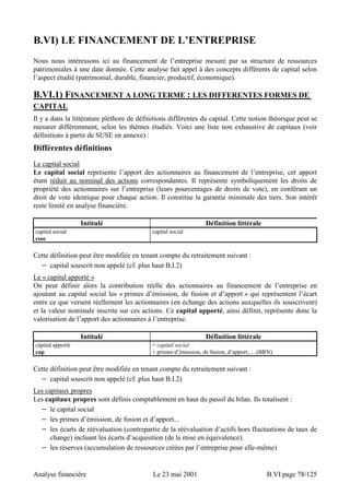 B.VI) LE FINANCEMENT DE L’ENTREPRISE 
Nous nous intéressons ici au financement de l’entreprise mesuré par sa structure de ressources 
patrimoniales à une date donnée. Cette analyse fait appel à des concepts différents de capital selon 
l’aspect étudié (patrimonial, durable, financier, productif, économique). 
B.VI.1) FINANCEMENT A LONG TERME : LES DIFFERENTES FORMES DE 
CAPITAL 
Il y a dans la littérature pléthore de définitions différentes du capital. Cette notion théorique peut se 
mesurer différemment, selon les thèmes étudiés. Voici une liste non exhaustive de capitaux (voir 
définitions à partir de SUSE en annexe) : 
Différentes définitions 
Le capital social 
Le capital social représente l’apport des actionnaires au financement de l’entreprise, cet apport 
étant réduit au nominal des actions correspondantes. Il représente symboliquement les droits de 
propriété des actionnaires sur l’entreprise (leurs pourcentages de droits de vote), en conférant un 
droit de vote identique pour chaque action. Il constitue la garantie minimale des tiers. Son intérêt 
reste limité en analyse financière. 
Intitulé Définition littérale 
capital social 
csoc 
capital social 
Cette définition peut être modifiée en tenant compte du retraitement suivant : 
− capital souscrit non appelé (cf. plus haut B.I.2) 
Le « capital apporté » 
On peut définir alors la contribution réelle des actionnaires au financement de l’entreprise en 
ajoutant au capital social les « primes d’émission, de fusion et d’apport » qui représentent l’écart 
entre ce que versent réellement les actionnaires (en échange des actions auxquelles ils souscrivent) 
et la valeur nominale inscrite sur ces actions. Ce capital apporté, ainsi définit, représente donc la 
valorisation de l’apport des actionnaires à l’entreprise. 
Intitulé Définition littérale 
capital apporté 
cap 
= capital social 
+ primes d’émission, de fusion, d’apport, ... (BRN) 
Cette définition peut être modifiée en tenant compte du retraitement suivant : 
− capital souscrit non appelé (cf. plus haut B.I.2) 
Les capitaux propres 
Les capitaux propres sont définis comptablement en haut du passif du bilan. Ils totalisent : 
− le capital social 
− les primes d’émission, de fusion et d’apport... 
− les écarts de réévaluation (contrepartie de la réévaluation d’actifs hors fluctuations de taux de 
change) incluant les écarts d’acquisition (de la mise en équivalence). 
− les réserves (accumulation de ressources créées par l’entreprise pour elle-même) 
Analyse financière Le 23 mai 2001 B.VI page 78/125 
 