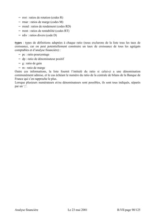 − rrot : ratios de rotation (codes R) 
− rmar : ratios de marge (codes M) 
− rrend : ratios de rendement (codes RD) 
− rrent : ratios de rentabilité (codes RT) 
− rdiv : ratios divers (code D) 
types : types de définitions adaptées à chaque ratio (nous exclurons de la liste tous les taux de 
croissance, car on peut potentiellement construire un taux de croissance de tous les agrégats 
comptables et d’analyse financière) : 
− pc : ratio pourcentage 
− dp : ratio de dénominateur positif 
− g : ratio de gain 
− m : ratio de marge 
Outre ces informations, la liste fournit l’intitulé du ratio si celui-ci a une dénomination 
communément admise, et le cas échéant le numéro du ratio de la centrale de bilans de la Banque de 
France qui s’en rapproche le plus. 
Lorsque plusieurs numérateurs et/ou dénominateurs sont possibles, ils sont tous indiqués, séparés 
par un ‘;’. 
Analyse financière Le 23 mai 2001 B.VII page 90/125 
 
