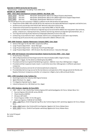 Ismail Elsayyad CV 2016 Page 2
Appraisal in ZADCO during the last five years:
“Outstanding” in 2014 and “Exceeding” from 2009-2013
HISTORY OF EMPLOYMENT
2005 – 2016: Zakum Development Company (ZADCO), Abu Dhabi, UAE:
(2013- 2016) Job Title: Manpower Development Advisor for Major Projects attachments
(2011-2013) Job Title: Manpower Development Advisor for ZADCO Operations SupportDepartment
(2011-2005) Job Title: Manpower Development Mechanical Instructor
The followingaremy main activities in ZADCO in addition to the deliverables enlisted above:
 Preparation of the CAMS PDP and CAS DP for the mechanical disciplineUAE National’s engineers and technicians.
 Guidanceand counselingin the field of UAE Nationals education and training.
 Preparation of tailored trainingmaterials as required by CAMS or CAS DP needs.
 Preparation and delivery of mechanical engineeringcourses tailored for ZADCO main equipment (Gas turbines,
pumps, compressors,rotatingmachinery,condition monitoring,mechanical engineeringfundamentals,etc…).
 Trainingand coaching of new mechanical employees (theoretical and on the job).
 Conducting assessments for mech. employees (technicians and engineers) as per work requirements.
 Conducting verificationsfor the assessments made within ZADCO different sites.
2005 -2000 Employer: Egyptian Maintenance Company (EMC), Cairo, Egypt
 General Manager for the AOI-EMC Cooperation Office.
 Large Projects Department - Sector Manager.
 Large Projects Department - Khalda Gas PlantProjectManager.
 Large Projects Department - GPC Oil plant-Ras Ghareb Contract - Executive Manager.
1998 - 2000 Self Employed: International Specialized Engineering Services (ISES) , Cairo, Egypt
 Prime Partner, President.
 Official Representativeof Arab Organization for Industrialization (AOI) - Engine Factory.
 Sole Agent in Egypt, for the American WeldingSociety (AWS).
 Provided certified training(Certified WeldingInspectors -AWS) for more than 100 Engineers in Egypt.
 Provided certified inspection levels ( level I, II and III) for more than 100 engineers in different petroleum
companies.
 Provided consultancy services for all national petroleumcompanies.
 Provided detailed trainingcourses for the maintenance and operation of the new gas plants for Khalda and
Bapetco Petroleum Companies and other oil companies in Algeria,Syria,UAE and Saudi Arabia.
1992 – 1998 Consultant in Gas Turbines for:
 Arab Organization For Industry ( AOI Engine Factory)
 Agiba Petroleum Co., Egypt
 FirstEgyptian Engineering Co., Egypt
 Industrial Acoustic Co.( IAC American Co.), Egypt
1975 - 1992 Employer: Egyptian Air Force (EAF):
 1987 - 1992 Lt. Col., Chief of Gas Turbine Engines O/H workshop Egyptian Air Force, Helwan Base. For :
 Russian Engines ( R11,R13,VK series,RD 45)
 Check Slovakian (M701)
 Chinese ( WP-6 &7)
 French Engines ( ATAR -9 C for Mirage3)
 American Engines ( F100 GE & F110 P&W)
 1982 – 1987 Major,Chief of Engineering office, Gas Turbine Engines O/H workshop, Egyptian Air Force, Helwan
Base.
 1978 – 1982 Captain,Gas TurbineO/H Line Engineer, Egyptian Air Force, Helwan base.
 1975 - 1978 FirstLt., Chief of Fuel System workshop, Egyptian Air Force, Helwan Base.
By: Ismail El Sayyad
Oct 2016
 