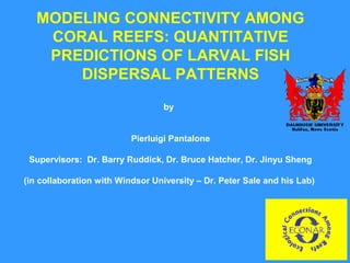 MODELING CONNECTIVITY AMONG
CORAL REEFS: QUANTITATIVE
PREDICTIONS OF LARVAL FISH
DISPERSAL PATTERNS
by
Pierluigi Pantalone
Supervisors: Dr. Barry Ruddick, Dr. Bruce Hatcher, Dr. Jinyu Sheng
(in collaboration with Windsor University – Dr. Peter Sale and his Lab)
 