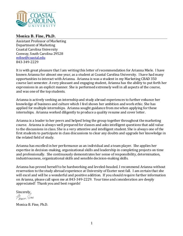 letter of recommendation for arianna miele recommendation letter for student study abroad