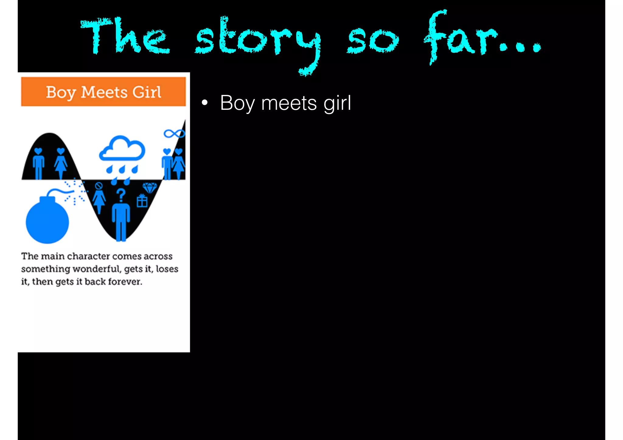 The story so far…
• Boy meets girl
!
!
!
!
!
!
 