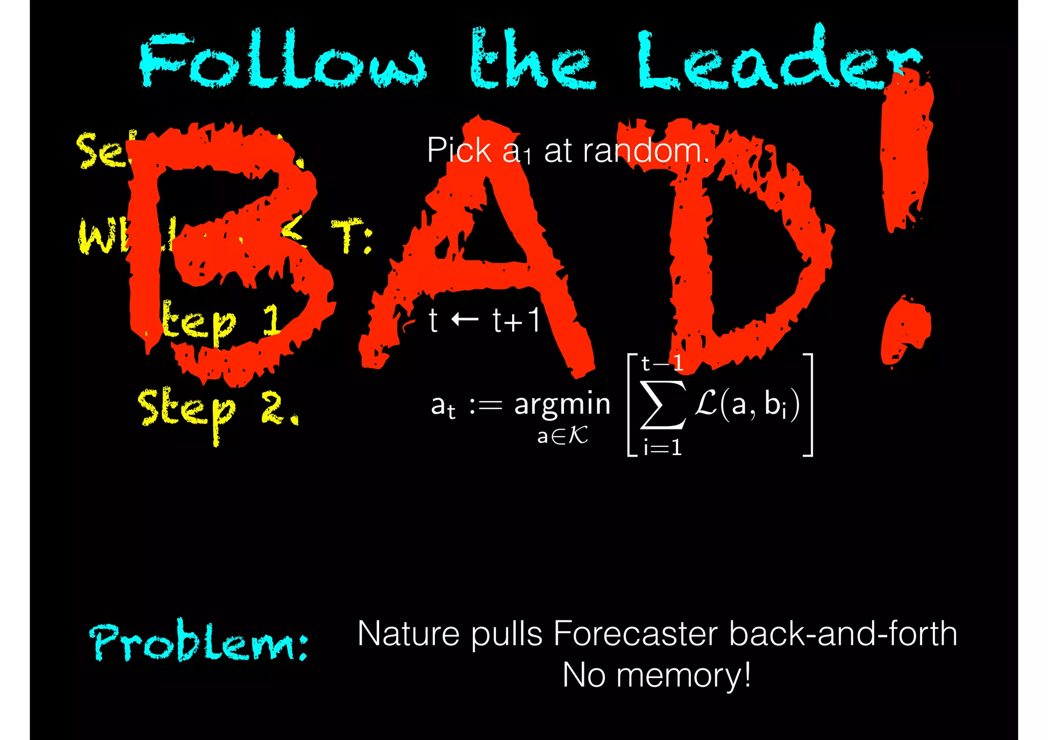 While t ≤ T:
Step 1.
Step 2.
Set t = 1.
Follow the Leader
BAD!
Problem: Nature pulls Forecaster back-and-forth
No memory!
t ← t+1
Pick a1 at random.
at := argmin
a2K
"t 1X
i=1
L(a, bi)
#
 
