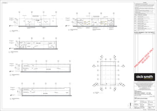 A
A
1 1
4
A04
4
A04
5
A04
5
A04
1
A04
1
A04
2
A04
2
A04
3
A04
3
A04
3 3
2 2
B
B
C
C
4 4
6 6
D
D
5 5
North
RL
GROUND FLOOR
0
RL
STORE CEILING
3600
A
RL
ENTRY CEILING
4000
B C D
4000
4003600
12002400
PAINTED PLASTER
BOARD LINING
PAINTED PLASTER
BOARD LINING
RACKIN
G
FEATURES
TELEVISONSDISPLAY
RACKINGFEATURES
PAINTED PLASTER
BOARD LINING
PAINTED PLASTER
BOARD LINING
PAINTED PLASTER
BOARD LINING
PAINTED PLASTER
BOARD LINING
WF02
WF01
WF04
WF03
WF02
WF01
RETAIL AREA
RL
GROUND FLOOR
0
RL
STORE CEILING
3600
A
RL
ENTRY CEILING
4000
BCD
2700600300
3600400
4000
RACKINGFEATURES
RACKINGFEATURES
DISPLAY
DISPLAY
"BLACK MDF" PANEL FROM
FLOOR TO CEILING
"BLACK MDF" PANEL
FROM FLOOR TO CEILING
ALUMINIUM CLADDING
150mm BRUSHED
ALUMINIUM SKIRTING
"ALPOLIC BLACK FINISH" SIGNAGE
WITH "OPAL ACRYLIC" LETTERS AND
"YELLOW VINYL" FACE OR EQUAL
A0 SIZE
POSTER
A0 SIZE
POSTER
ALUMINIUM CLADDING WALLWITH
TRELLIS DOOR STACKING
PRECAST CONCRETE WITH
PAINTED PLASTERBOARD LINING
PRECAST CONCRETE
WITH PAINTED
PLASTERBOARD LINING
PRECAST CONCRETE WITH
PAINTED PLASTERBOARD LINING
PRECAST CONCRETE WITH
PAINTED PLASTERBOARD LINING
WF01
WF02
EAS EAS
WF01
WF02
FHR
WF08
WF06
WF07
WF05
"BLACK MDF" CUPBOARDS
TO RACKING HEIGHT
SAFETY DECAL TO DSE STANDARDS @900mm
( VARIES ACCORDING TO LOCATION POLICIES
& LEGISLATIONS )
WF08
"BLACK" PLASTERBOARD
BULKHEAD
ENTRY
900
RL
GROUND FLOOR
0
RL
STORE CEILING
3600
1
RL
ENTRY CEILING
4000
32 4 5
4000
4003600
12002400
300
6002700
PRECAST CONCRETE WITH
PAINTED PLASTERBOARD LINING
PRECAST CONCRETE WITH
PAINTED PLASTERBOARD LINING
RACKINGFEATURES
RACKINGFEATURES
WF02
WF01
RETAIL AREA
ENTRY
RL
GROUND FLOOR
0
RL
STORE CEILING
3600
1
RL
ENTRY CEILING
4000
3 245
4000
4003600
12002400
PRECAST CONCRETE WITH
PAINTED PLASTERBOARD LINING
PRECAST CONCRETE WITH
PAINTED PLASTERBOARD LINING RACKINGFEATURESRACKINGFEATURES
WF02
WF01
RETAIL AREA
ENTRY
RL
GROUND FLOOR
0
RL
STORE CEILING
3600
A
RL
ENTRY CEILING
4000
B C D
4003600
4000
300
6002705
GLASSDISPLAY
GLASSDISPLAY
ENTRY
ALUMINIUM CLADDING ALUMINIUM CLADDING
150mm BRUSHED
ALUMINIUM SKIRTING
"ALPOLIC BLACK FINISH" SIGNAGE
WITH "OPAL ACRYLIC" LETTERS AND
"YELLOW VINYL" FACE OR EQUAL
WF05
WF08
WF06
WF05
ALUMINIUM CLADDING
WF08
WF07
SAFETY DECAL TO DSE STANDARDS @900mm
( VARIES ACCORDING TO LOCATION POLICIES
& LEGISLATIONS )
900
AMENDMENTS - 'I' AND 'O' NOT USEDNo DATE BY
A XX/XX/XX FIRST ISSUE XXX/XXX
WALL FINISHES LEGEND
WF01
INTERNAL PAINT FINISH
TYPE : DULUX MATT VIVID WHITE FLAT ACRYLIC
WF02
INTERNAL PAINT FINISH
TYPE : DULUX GLOSSY VIVID WHITE FLAT ACRYLIC
WF03
WF04
INTERNAL PAINT FINISH
TYPE : DULUX GLOSSY BLACK FLAT ACRYLIC
WF05
INTERNAL PAINT FINISH
TYPE : DULUX MATT BLACK FLAT ACRYLIC
ENTRY POTAL CLADDING
DISTRIBUTOR : SGI ARCHITECTURAL
TYPE : ALPOLIC M7742 - G30 BLACK
WF06
ENTRY POTAL CLADDING
DISTRIBUTOR : SGI ARCHITECTURAL
TYPE : ALPOLIC MBS08 - G30 GOLDEN YELLOW
WF08
SHOPFRONT IS SITE SPECIFIC
TYPE :
WF07
ENTRY POTAL CLADDING
DISTRIBUTOR : SGI ARCHITECTURAL
TYPE : ALPOLIC MM389 - G15 BRUSHED ALUMINIUM LIGHT
1 : 250
KEY PLAN
6
1 : 100
DECOR ELEVATION B
3
1 : 100
DECOR ELEVATION A
2
1 : 100
DECOR ELEVATION C
4
1 : 100
DECOR ELEVATION D
5
1 : 100
MALL ELEVATION
1
DRAWING :
PROJECT No. :
DRAWN BY :
PROJECT MGR :REGION No :
PROJECT :
ABN. 88 000 014 675
1 WOOLWORTHS WAY BELLA VISTA NSW 2153
PO BOX 8000 BAULKHAM HILLS NSW 2153
TELEPHONE (02) 8885 0000 FACSIMILE (02) 8885 0308
EXPOSED VENT PIPES WILL NOT BE PERMITTED IN AMENITIES, OFFICES &
PREPARATION AREAS.
INSTALLATION OF COMPACTOR TO BE CONFIRMED BY DICKSMITH LIMITED.
DEVELOPER TO ALLOW FOR SERVICES, CONCRETE SLAB, WALL PENETRATIONS
AND SCREEN WALL.
ALL PLINTH DIMENSIONS & DETAILS TO BE PROVIDED BY REFRIGERATION
CONTRACTOR.
THIS DRAWING TO BE READ IN CONJUNCTION WITH ELECTRICAL, MECHANICAL,
HYDRAULIC, DETAIL STANDARD DRAWINGS AND CONSTRUCTION SUMMARY.
A FEATHERED EDGE BRASS STRIP SHALL BE PROVIDED AT ALL JUNCTIONS
OF VINYL FLOORING AND CONCRETE SLAB.
EXTERNAL METALWORK SPECIFIED AS GALVANISED SHALL BE HOT DIPPED
GALVANISED TO CONFORM TO AUSTRALIAN STANDARDS.
*
*
*
*
*
*
ALL DIMENSIONS, SIZES, ETC, ARE IN MILLIMETERS.
FIGURED DIMENSIONS TO BE USED IN PREFERENCE TO SCALING OF DRAWING.
*
NOTES
COPYRIGHT OF THIS DOCUMENT REMAINS WITH WOOLWORTHS LIMITED.
NO PART OF THIS DOCUMENT MAY BE REPRODUCED OR COPIED IN ANY
FORM OR BY ANY MEANS (GRAPHIC, ELECTRONIC OR MECHANICAL,
INCLUDING PHOTOCOPYING, RECORDING TAPE OR INFORMATION
RETRIEVAL SYSTEMS) WITHOUT WRITTEN PERMISSION.
Plot Date
©
1:100 @ A1
STORE No.
PR
ELIM
IN
AR
Y
ISSU
E
O
N
LY
06.04.2010
OOLWORTHS IMITEDW L
DICKSMITH
DATE :
AMEND. No :
DESIGN MGR :
DWG. No :
SCALE :
KIT ISSUE :
THIS DRAWING IS FOR DESIGN GUIDANCE ONLY. FINAL DETAILS MUST MEET SITE
CONDITIONS, RELEVANT AUTHORITIES AND APPLICABLE BUILDING STANDARDS.
TYPE THE ADDRESS IN PROJECT INFORMATION
UNDER SETTINGS
7/04/2010 2:49:48 PM
As indicatedMD
??????
REGION PM NAME
MEDIUM FORMAT - KIT 600
DECOR ELEVATIONS
????
06/04/2010
?A04
ALAN MHANNA
KIT - 600
mm/yyyy
 