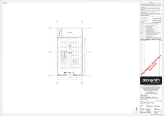 North
90mm STEEL STUD WALL
WALL TYPE & THICKNESS
150mm CONCRETE PANELS
WALLS LEGEND
ALL EXISTING WALLS
SHOWN SOLID
WINDOW FEATURE FLOORING - VINYL
MANUFACTURER: FORBO FLOORCOVERINGS PTY LTD
TYPE: WALTON UNI BLACK 123
STORE FLOORING - VINYL
MANUFACTURER: FORBO FLOORCOVERINGS PTY LTD
TYPE: ETERNAL STONE 12042
DECOR FLOOR FINISHES LEGEND
FEATURE AISLE FLOORING - VINYL
MANUFACTURER: FORBO FLOORCOVERINGS PTY LTD
TYPE: ETERNAL STONE 12012
ENTRANCE FLOORING - CERAMIC
MANUFACTURER: F.S. GLENNON & CO
TYPE: UNGLAZED VITRIFIED FLOOR TILE - CONFETTI SERIES
TERRAZO STYLE - 300 x 300 x 0.85mm ITEM NO. E 3381
SERVICE DESK FLOORING - RUBBER
DISTRIBUTOR:
TYPE: RUBBER PIRELLI ACTIVA - BJ PROFILE STUDDED 1000mm x
1000mm RUBBER TILES, 4mm THK COLOUR:BJ 103 STEEL
FF01
FF02
FF03
FF04
FF05
FF06
STORE ROOM FLOORING - VINYL
MANUFACTURER: FORBO FLOORCOVERINGS PTY LTD
TYPE: WALTON UNI LEAD 186
AMENDMENTS - 'I' AND 'O' NOT USEDNo DATE BY
A XX/XX/XX FIRST ISSUE XXX/XXX
A
A
1 1
2 2
B
B
3 3
STORE ROOM
VINYL FLOORING
RETAIL AREA
VINYL FLOORING
5520 1650 5530
12700
2295138452895600
1230012000
24300
SERVICECOUNTER
RUBBERFLOORING
FEATURE AISLE
VINYL FLOORING
STORE FLOOR
VINYL FLOORING
ENTRY
CERAMIC TILES
SECURESTORAGE
VINYLFLOORING
WINDOW DISPLAY
VINYL FLOOR
WINDOW DISPLAY
VINYL FLOOR
PLINTH
BRUSHED
ALUMINIUM
STORE FLOOR
VINYL FLOORING
FF01FF01
FF05
FF05
FF02FF02
FF03
FF04
FF06
DRAWING :
PROJECT No. :
DRAWN BY :
PROJECT MGR :REGION No :
PROJECT :
ABN. 88 000 014 675
1 WOOLWORTHS WAY BELLA VISTA NSW 2153
PO BOX 8000 BAULKHAM HILLS NSW 2153
TELEPHONE (02) 8885 0000 FACSIMILE (02) 8885 0308
EXPOSED VENT PIPES WILL NOT BE PERMITTED IN AMENITIES, OFFICES &
PREPARATION AREAS.
INSTALLATION OF COMPACTOR TO BE CONFIRMED BY DICKSMITH LIMITED.
DEVELOPER TO ALLOW FOR SERVICES, CONCRETE SLAB, WALL PENETRATIONS
AND SCREEN WALL.
ALL PLINTH DIMENSIONS & DETAILS TO BE PROVIDED BY REFRIGERATION
CONTRACTOR.
THIS DRAWING TO BE READ IN CONJUNCTION WITH ELECTRICAL, MECHANICAL,
HYDRAULIC, DETAIL STANDARD DRAWINGS AND CONSTRUCTION SUMMARY.
A FEATHERED EDGE BRASS STRIP SHALL BE PROVIDED AT ALL JUNCTIONS
OF VINYL FLOORING AND CONCRETE SLAB.
EXTERNAL METALWORK SPECIFIED AS GALVANISED SHALL BE HOT DIPPED
GALVANISED TO CONFORM TO AUSTRALIAN STANDARDS.
*
*
*
*
*
*
ALL DIMENSIONS, SIZES, ETC, ARE IN MILLIMETERS.
FIGURED DIMENSIONS TO BE USED IN PREFERENCE TO SCALING OF DRAWING.
*
NOTES
COPYRIGHT OF THIS DOCUMENT REMAINS WITH WOOLWORTHS LIMITED.
NO PART OF THIS DOCUMENT MAY BE REPRODUCED OR COPIED IN ANY
FORM OR BY ANY MEANS (GRAPHIC, ELECTRONIC OR MECHANICAL,
INCLUDING PHOTOCOPYING, RECORDING TAPE OR INFORMATION
RETRIEVAL SYSTEMS) WITHOUT WRITTEN PERMISSION.
Plot Date
©
1:100 @ A1
STORE No.
PR
ELIM
IN
A
R
Y
ISSU
E
O
N
LY
06.04.2010
OOLWORTHS IMITEDW L
DICKSMITH
DATE :
AMEND. No :
DESIGN MGR :
DWG. No :
SCALE :
KIT ISSUE :
THIS DRAWING IS FOR DESIGN GUIDANCE ONLY. FINAL DETAILS MUST MEET SITE
CONDITIONS, RELEVANT AUTHORITIES AND APPLICABLE BUILDING STANDARDS.
TYPE THE ADDRESS IN PROJECT INFORMATION
UNDER SETTINGS
7/04/2010 2:57:20 PM
As indicatedMD
??????
REGION PM NAME
SMALL FORMAT - KIT 300
DECOR FLOOR PLAN
????
06/04/2010
?A02
ALAN MHANNA
KIT - 300
mm/yyyy
 
