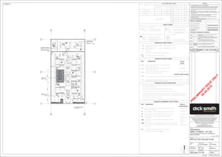 2T4LWW
2T4LW
2T4L
2T4L
2T4L
2T4L
2T4L2T4L2T4L2T4L2T4L
2T4L2T4L2T4L2T4L2T4L
2T4L2T4L2T4L2T4L
2T4L2T4L2T4L
2T4L
2T4L2T4L
2T4L2T4L2T4L2T4L2T4LWWWW
WWWWW
W W W
DWDWDWDWDW
DWDW
DW DW DW
DWDW DW DW
DWDW
DWDW
DWDW
DWDW
DWDW
DWDW
DWDW DW
DB
DB
DB
DB DB
DBDB
DB
DB
2T4P2T4P
2T4P2T4P
2T4P2T4P
2T4P2T4P
2T4P2T4P
2T4P2T4P
L2
L6 L2
L2
L2
L2
L2
L2
L2
L2 L2 L2 L2
L6
L6
L6
L6
L6
L6
L6
L6
L6
L6
L6
L6
L6
L6
L6
L6
L8
L8
L8
L8
L8
L8
L8
L8
L8
L8
L8
L8
L8
L8
L7
L7
L7
L7
L7
L7
L7
L7
L7
L7
L7
L7
L7
L7
L9
L9
L9
L9
L9
L9
L9
L9
L9
L9
L9
L9 L8
L6L7
L9
L9
L9
L9
L7
L7
L7
L8 L8 L8
L3
L3
L3
L3
L11
EX1L1
EM1L1
EM1L2
EM1L3
EM1L4
EM1L5
EM1L6
EM1L7
EM1L8
EM1L9
L11 L11
L11
L11 L11
L11 L11
EAS EAS
DW
DB
W
A
A
1 1
2 2
B
B
3 3
PAINTEDFLUSHPLASTER
BOARDWITHBULKHEAD
PAINTED PLASTER
BOARD BULKHEAD
VERTICAL
1200 x 600 GRID SUSPENDED
CEILING SYSTEM
NOTE: CEILING HEIGHT AT ENTRANCE
WILL VARY DEPENDING ON MALL
CEILING CONDITION
3000
SIGNAGE PANEL
1200 x 600 GRID SUSPENDED CEILING
SYSTEM WITH SECURITY MESH @ 3m
CH
RETAIL AREA
3600
1200 x 600 GRID SUSPENDED
CEILING SYSTEM
CH
SERVICECOUNTER
3300
PAINTED PLASTER
BOARD BULKHEAD VERTICAL
CH
ENTRY
4000
PAINTED FLUSH PLASTER
BOARD WITH BULK HEAD
CF01
CF01
CF04
CF01
CF03
CF03
WINDOW DISPLAY
PAINTED FLUSH PLASTER BOARD
CF04
WINDOW DISPLAY
PAINTED FLUSH PLASTER BOARD
CF04
600
1935 3015
50204860
A/CDIFFUSER
A/C DIFFUSER
A/C DIFFUSER
A/C DIFFUSER
A/C DIFFUSER
A/C DIFFUSER
A/C DIFFUSERA/C DIFFUSERA/C DIFFUSER
A/C DIFFUSER
A/C DIFFUSER
A/C DIFFUSERA/C DIFFUSERA/C DIFFUSER
HANGING SIGN
HANGING SIGN
HANGING SIGN
PROMO UNDER
PROMO UNDER
PROMO UNDER
BAY SUSPENDED SIGN
BAY SUSPENDED SIGN
BAY SUSPENDED SIGN
BAY SUSPENDED SIGN
BAY SUSPENDED SIGN
BAY SUSPENDED SIGN
BAY SUSPENDED SIGN
BAY SUSPENDED SIGN
BAY SUSPENDED SIGN
BAY SUSPENDED SIGN
BAY SUSPENDED SIGN
COUNTERVERTICALSIGN
CH
SECURE STORAGE
3600
CF01
CH
STORE ROOM
3600
RETURN
VENT
CF01
RETURNVENT
A/C DIFFUSER
AMENDMENTS - 'I' AND 'O' NOT USEDNo DATE BY
A XX/XX/XX FIRST ISSUE XXX/XXX
1200x600x10mm EXPOSED TWO WAY SUSPENDED GRID WITH
DROP IN TILES .
TYPE: PREFINISH ACCOUSTIC MATT WHITE TILE
CEILING FINISHES LEGEND
CF01
CF03
1200x600x10mm EXPOSED TWO WAY SUSPENDED GRID WITH
DROP IN TILES WITH WELDED SECURITY MESH CEILING @ 3m
HEIGHT
TYPE: PREFINISH ACCOUSTIC MATT WHITE TILE
CF02
FLUSH PLASTER BOARD CEILING WITH PAINT FINISH
TYPE: DULUX INTERIOR VIVID WHITE PW1 H9 IN FLAT LATEX
CF04
FLUSH PLASTER BOARD CEILING WITH PAINT FINISH
TYPE: DULUX INTERIOR MATT BLACK PG1 A9
CF05
FLUSH PLASTER BOARD CEILING WITH PAINT FINISH
TYPE: DULUX INTERIOR MATT GOLDEN MARGUERITE YELLOW
90mm STEEL STUD WALL
WALL TYPE & THICKNESS
150mm CONCRETE PANELS
WALLS LEGEND
ALL EXISTING WALLS
SHOWN SOLID
W
W
1.
2.
3.
All fluorescent luminaire specified shall be OsramT5 plus Osram Electronic Control Gear unless
otherwise specified. White body.
The Contractor will supply light fittings from the nominated suppliers.
All lighting control gear will be mounted on cable ladder or metal ceiling structure.
5.
4. All Downlights, Emergency Fittings, Ceiling Roses, flex/pendants, PA items and Security items will have
white trim except on the service counter ceiling . Service counter ceiling components will have black trim.
All Lighting is to be on RCD protected circuits.
Switches marked with "W" will be Clipsal IP56, impact and chemical resistant grey.
with white trim.
28W LED adjustable downlight GAMMA: GAMMA QUAD 1090-3k/FL/FX
28W LED fixed downlight
with black trim.
GAMMA: GAMMA QUAD 1090-3k/FL/FX
LED Emergency Exit Sign with RUNNING MAN pictograph diffuser and direction
arrow left and right. DS = DOUBLE SIDED. Install the direction arrow as shown
on both sides.
LED Emergency Exit Sign with RUNNING MAN pictograph diffuser and
direction arrow.
LED Emergency Exit Sign with RUNNING MAN pictograph diffuser
straight ahead.
NON -MAINTAINED recessed Emergency lighting unit,LED, White trim.
18W Fluorescent surface mounted SPU Emergency light with prismatic
diffuser. NON -MAINTAINED.
S
D
PBS118N-DIF-DRC
PLITE White Trim
All Emergency and Exit Lights shall be dual rate charge,
NiCAD batteries and fitted with a
Light Fitting on 24hr Security Lighting Circuit.
NOTE:
STICKER.
PCFLED
And Description
Tee Bar 2X28w Osram Electronic Non Dim Ballast, 18 Luvre, Flex & Plug, Col 840 tube. 33045
Square Line Bare Batten 1x28w Osram Electronic Non Dim
Ballast, Osram Col 840 Tube
Square Line Bare Batten 2x28w Osram Electronic Non Dim
Ballast, Osram Col 840 Tube
Tee Bar 2X28w Osram Electronic Non Dim Ballast, Layin
K19 Diffuser, Flex & Plug,Col 840 tubes
2T4P-WWXT228K19-4
2B4-WWMB228-4
1B4-WWMB128-4
DESCRIPTION CAT No
THORN
2T4P
2B4
1B4
70watt 4000k Rectangular recessed adjustable shop lighter to be used as wall washer,
Trading
Security Store
25
14
242.6
10.4
35 DW
2T4P
2T4L62
62
Watts perperW/m2 Areapermitted by of Light
Stock Room 1062013.7 45.314
BCA J6 m2 Room Fittings
ROOM
BCA COMPLIANCE CHART
Adj Max W/m2 Calculated Room Watts Number
Light
62
FittingsFitting
Type ofTrue
Trading Aisles Areas
Service Counter, 35 DB
70 W
Trading Total
B
PLITE Black TrimNON -MAINTAINED recessed Emergency lighting unit,LED, Black trim.
6.
2T4L
USYDNEY VISION LIGHTING
16026e
2T4P
%%UEMERGENCY LIGHTING CIRCUIT DESIGNATION AND FITTING ID2. LIGHTING CIRCUIT DESIGNATION
EMERGENCY EXIT LIGHTING CIRCUIT DESIGNATION AND FITTING ID
4.
3.%%ULIGHTING CIRCUIT DESIGNATION1.
L18 "18" = CIRCUIT/CIRCUIT BREAKER NUMBER
Light fittings or switches rated as weatherproof IP56
Light Switch
W
"L" = MSB LIGHTING DISTRIBUTION SECTION
"32" = CIRCUIT/CICUIT BREAKER NUMBER
"L" = MSB LIGHTING DISTRIBUTION SECTION
AND MAINTENANCE SCHEDULE
"20" = CIRCUIT/CIRCUIT BREAKER NUMBER
"EM23" = FITTING ID NUMBER AS SHOWN ON FITTING
EM23L20
"L" = MSB LIGHTING DISTRIBUTION SECTION
EX13L21
AND MAINTENANCE SCHEDULE
"21" = CIRCUIT/CIRCUIT BREAKER NUMBER
"EX13" = FITTING ID NUMBER AS SHOWN ON FITTING
"L" = MSB LIGHTING DISTRIBUTION SECTION
Osram/Philips 70w RX7S Double Ended Col 840 lamp.
2124
311922
291015
9315
151050
4302
11.98
17.7
L32
SCHEDULE OF LIGHT FITTINGS
SCHEDULE OF EMERGENCY LIGHT FITTINGS
CIRCUIT LEGEND
SCHEDULE OF LIGHT FITTINGS
TYPE
SCHEDULE OF LIGHT FITTINGS NOTES
DESCRIPTION PART No
CLEVERTRONICS
TYPE
PCFLED
And Description
PCFLED
And Description
North
DRAWING :
PROJECT No. :
DRAWN BY :
PROJECT MGR :REGION No :
PROJECT :
ABN. 88 000 014 675
1 WOOLWORTHS WAY BELLA VISTA NSW 2153
PO BOX 8000 BAULKHAM HILLS NSW 2153
TELEPHONE (02) 8885 0000 FACSIMILE (02) 8885 0308
EXPOSED VENT PIPES WILL NOT BE PERMITTED IN AMENITIES, OFFICES &
PREPARATION AREAS.
INSTALLATION OF COMPACTOR TO BE CONFIRMED BY DICKSMITH LIMITED.
DEVELOPER TO ALLOW FOR SERVICES, CONCRETE SLAB, WALL PENETRATIONS
AND SCREEN WALL.
ALL PLINTH DIMENSIONS & DETAILS TO BE PROVIDED BY REFRIGERATION
CONTRACTOR.
THIS DRAWING TO BE READ IN CONJUNCTION WITH ELECTRICAL, MECHANICAL,
HYDRAULIC, DETAIL STANDARD DRAWINGS AND CONSTRUCTION SUMMARY.
A FEATHERED EDGE BRASS STRIP SHALL BE PROVIDED AT ALL JUNCTIONS
OF VINYL FLOORING AND CONCRETE SLAB.
EXTERNAL METALWORK SPECIFIED AS GALVANISED SHALL BE HOT DIPPED
GALVANISED TO CONFORM TO AUSTRALIAN STANDARDS.
*
*
*
*
*
*
ALL DIMENSIONS, SIZES, ETC, ARE IN MILLIMETERS.
FIGURED DIMENSIONS TO BE USED IN PREFERENCE TO SCALING OF DRAWING.
*
NOTES
COPYRIGHT OF THIS DOCUMENT REMAINS WITH WOOLWORTHS LIMITED.
NO PART OF THIS DOCUMENT MAY BE REPRODUCED OR COPIED IN ANY
FORM OR BY ANY MEANS (GRAPHIC, ELECTRONIC OR MECHANICAL,
INCLUDING PHOTOCOPYING, RECORDING TAPE OR INFORMATION
RETRIEVAL SYSTEMS) WITHOUT WRITTEN PERMISSION.
Plot Date
©
1:100 @ A1
STORE No.
PR
ELIM
IN
A
R
Y
ISSU
E
O
N
LY
06.04.2010
OOLWORTHS IMITEDW L
DICKSMITH
DATE :
AMEND. No :
DESIGN MGR :
DWG. No :
SCALE :
KIT ISSUE :
THIS DRAWING IS FOR DESIGN GUIDANCE ONLY. FINAL DETAILS MUST MEET SITE
CONDITIONS, RELEVANT AUTHORITIES AND APPLICABLE BUILDING STANDARDS.
TYPE THE ADDRESS IN PROJECT INFORMATION
UNDER SETTINGS
7/04/2010 2:58:09 PM
As indicatedMD
??????
REGION PM NAME
SMALL FORMAT - KIT 300
REFLECTED CEILING PLAN
????
06/04/2010
A03
ALAN MHANNA
KIT - 300
mm/yyyy
 