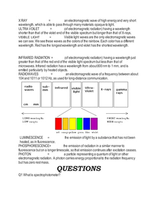 X RAY = an electromagnetic wave of high energyand very short
wavelength, which is able to pass through manymaterials opaque to light.
ULTRA VOILET = (of electromagnetic radiation) having a wavelength
shorter than that of the violet end of the visible spectrum butlongerthan that of X-rays.
VISIBLE LIGHT = Visible light waves are the only electromagnetic waves
we can see.We see these waves as the colors of the rainbow.Each colorhas a different
wavelength. Red has the longestwavelength and violet has the shortestwavelength.
INFRARED RADIATION = (of electromagnetic radiation) having a wavelength just
greater than that of the red end ofthe visible light spectrum but less than that of
microwaves.Infrared radiation has a wavelength from about800 nm to 1 mm, and is
emitted particularly by heated objects.
RADIOWAVES = an electromagnetic wave of a frequency between about
104 and 1011 or1012 Hz,as used for long-distance communication.
LUMINESCENCE = the emission oflight by a substance that has notbeen
heated,as in fluorescence.
PHOSPHORESCENCE= the emission of radiation in a similar mannerto
fluorescence buton a longertimescale, so that emission continues after excitation ceases.
PHOTON = a particle representing a quantum of light or other
electromagnetic radiation. A photon carries energy proportionalto the radiation frequency
but has zero restmass.
QUESTIONS
Q1 Whatis spectrophotometer?
 