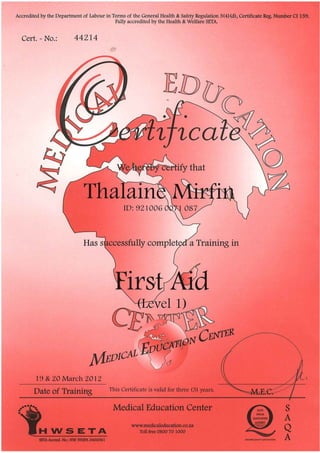 First Aid Certificate - Level 1