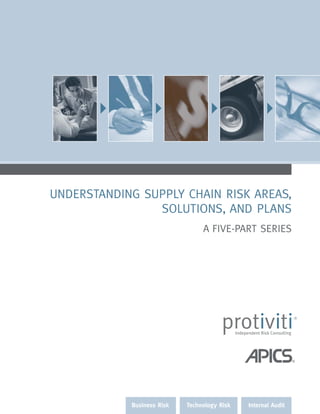 UNDERSTANDING SUPPLY CHAIN RISK AREAS,
SOLUTIONS, AND PLANS
A FIVE-PART SERIES
Business Risk Technology Risk Internal Audit
 