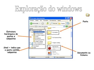 Estrutura hierárquica de pastas e subpastas Pasta Documento ou ficheiro Sinal + indica que a pasta contém subpastas Exploração do windows 