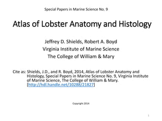 Atlas of Lobster Anatomy and Histology
Jeffrey D. Shields, Robert A. Boyd
Virginia Institute of Marine Science
The College of William & Mary
Cite as: Shields, J.D., and R. Boyd, 2014, Atlas of Lobster Anatomy and
Histology, Special Papers in Marine Science No. 9, Virginia Institute
of Marine Science, The College of William & Mary.
[http://hdl.handle.net/10288/21827]
Copyright 2014
Special Papers in Marine Science No. 9
1
 