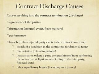 Contract Discharge Causes
Causes resulting into the contract termination (discharge)
agreement of the parties
frustration (external event, force-majeure)
performance
breach (unless injured party elects to let contract continue):
breach of a condition in the contract (as fundamental term)
renunciation (refusal to perform)
incapacitation (where a party prevents himself from performing
his contractual obligation: sale of thing to the third party,
financial state)
other repudiatory breach (including anticipatory)
 