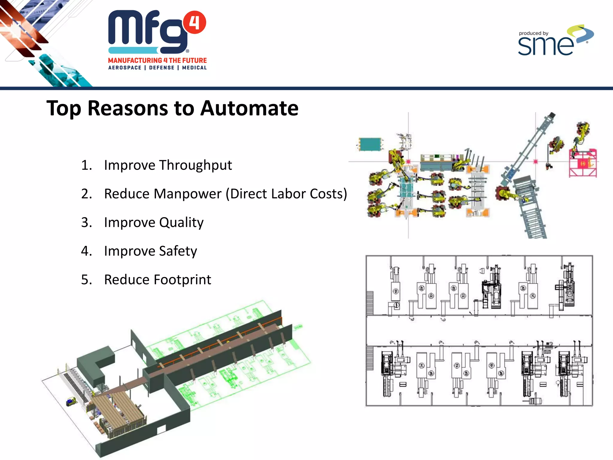 Top Reasons to Automate
1. Improve Throughput
2. Reduce Manpower (Direct Labor Costs)
3. Improve Quality
4. Improve Safety
5. Reduce Footprint
 