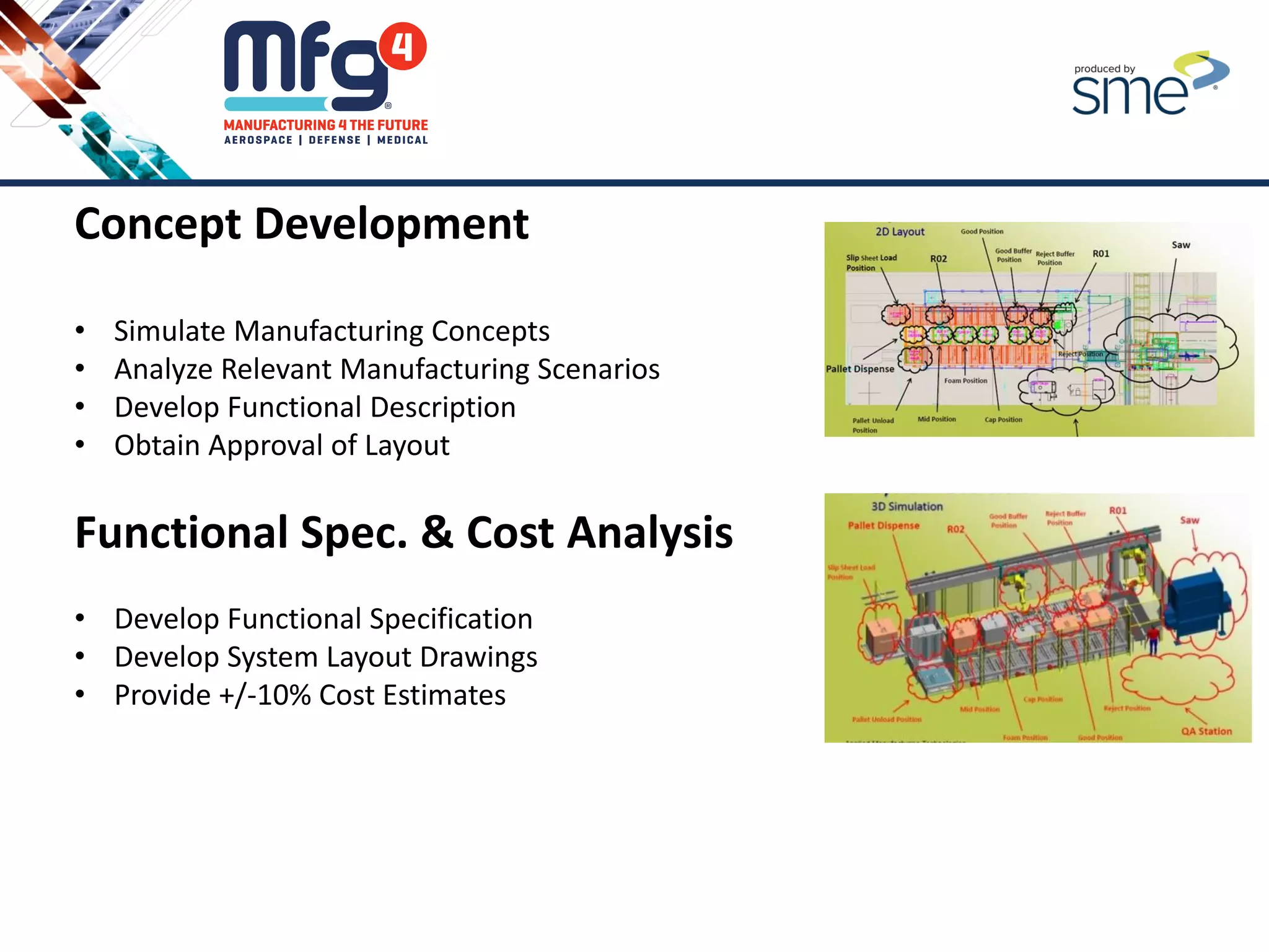 Concept Development
• Simulate Manufacturing Concepts
• Analyze Relevant Manufacturing Scenarios
• Develop Functional Description
• Obtain Approval of Layout
Functional Spec. & Cost Analysis
• Develop Functional Specification
• Develop System Layout Drawings
• Provide +/-10% Cost Estimates
 