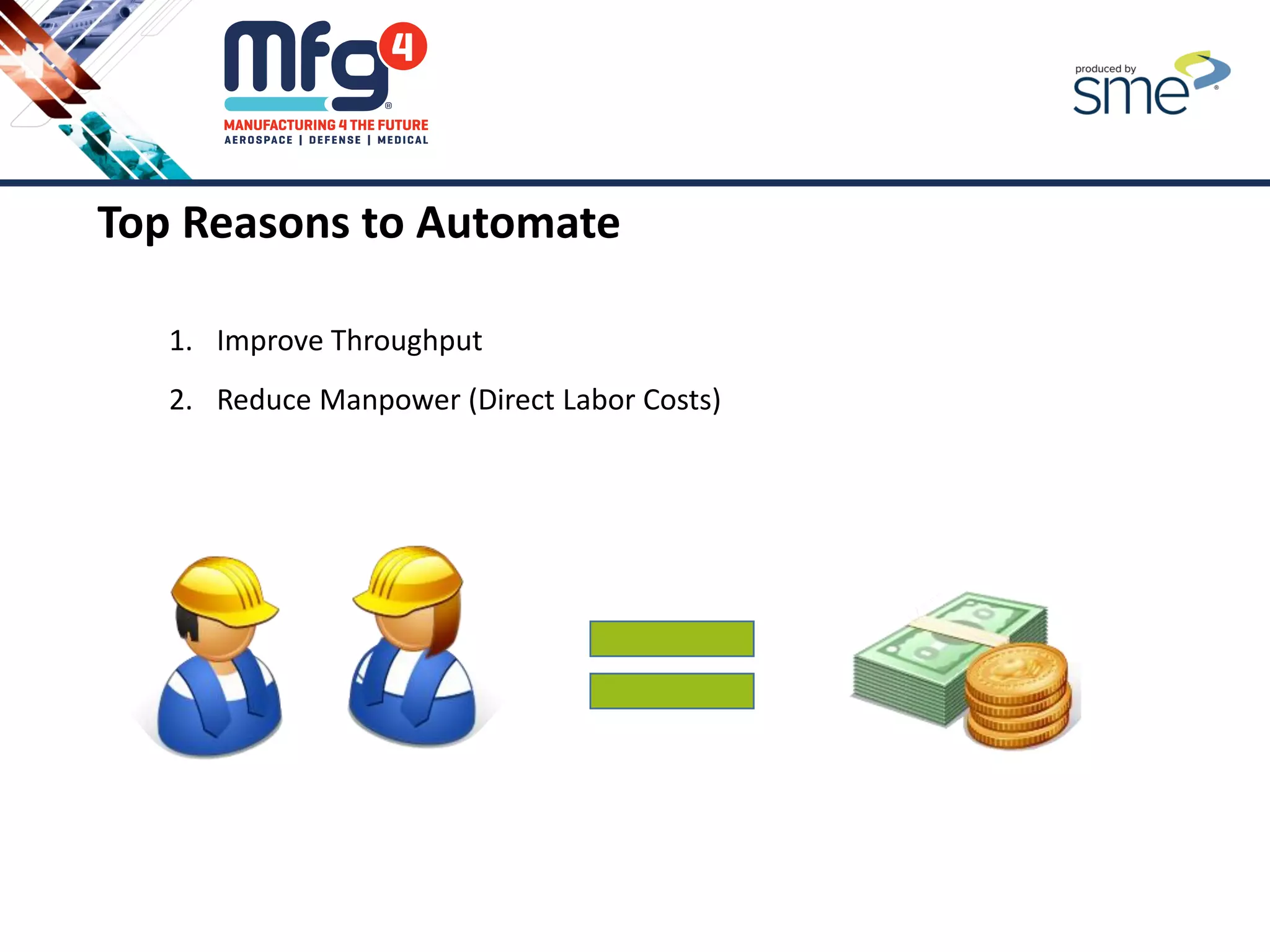 Top Reasons to Automate
1. Improve Throughput
2. Reduce Manpower (Direct Labor Costs)
 