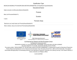 Co­financed by Greece and the European Union
INTERMEDIATE MANAGING BODY:
MANAGING AUTHORITY OF THE OPERATIONAL PROGRAMME “EDUCATION AND LIFELONG LEARNING”
HELLENIC MINISTRY OF CULTURE, EDUCATION AND RELIGIOUS AFFAIRS
The project entitled: “DEVELOPMENT OF THE NATIONAL QUALIFICATIONS FRAMEWORK” is implemented through the Operational Programme
“Human Resources Development” and co­financed by the European Union (European Social Fund – ESF) and the Greek state. The project’s
Intermediate Managing Body is the Managing Authority of the Operational Programme “Education and Lifelong Learning” of the Hellenic Ministry of
Culture, Education and Religious Affairs.
© 2015 ΕΟΠΠΕΠ
Qualification Type
BACHELOR DEGREE (PTYCHIO/DIPLOMA ANOTATIS EKPAIDEFSIS) (/en/QualificationTypes/Details/59)
Educational Sector
Higher education (/en/EducationalSectors/Details/50)
Purpose
Basic (/en/Purposes/Details/13)
Duration
4 years
Thematic Areas
Mechanics and metal trades (/en/ThematicAreas/Details/501)
Motor vehicles, ships and aircraft (/en/ThematicAreas/Details/502)
(http://ec.europa.eu/esf/home.jsp?
langId=el)
(http://www.epanad.gov.gr/)
HELLENIC MINISTRY OF LABOUR & SOCIAL SOLIDARITY
(http://www.espa.gr/)
 