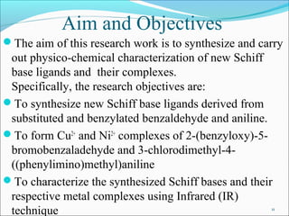 Aim and Objectives
The aim of this research work is to synthesize and carry
out physico-chemical characterization of new Schiff
base ligands and their complexes.
Specifically, the research objectives are:
To synthesize new Schiff base ligands derived from
substituted and benzylated benzaldehyde and aniline.
To form Cu2+
and Ni2+
complexes of 2-(benzyloxy)-5-
bromobenzaladehyde and 3-chlorodimethyl-4-
((phenylimino)methyl)aniline
To characterize the synthesized Schiff bases and their
respective metal complexes using Infrared (IR)
technique 11
 
