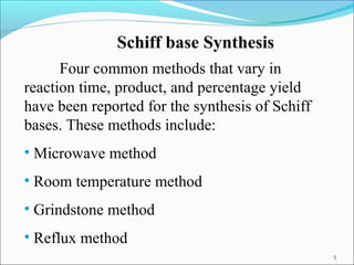 5
Schiff base Synthesis
Four common methods that vary in
reaction time, product, and percentage yield
have been reported for the synthesis of Schiff
bases. These methods include:
• Microwave method
• Room temperature method
• Grindstone method
• Reflux method
 