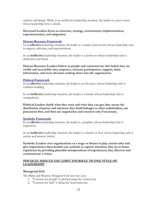 analysis and design. While in an ineffective leadership situation, the leader is a petty tyrant
whose leadership style is details.
Structural Leaders focus on structure, strategy, environment, implementation,
experimentation, and adaptation.
Human Resource Framework
In an effective leadership situation, the leader is a catalyst and servant whose leadership style
is support, advocate, and empowerment.
In an ineffective leadership situation, the leader is a pushover whose leadership style is
abdication and fraud.
Human Resource Leaders believe in people and communicate that belief; they are
visible and accessible; they empower, increase participation, support, share
information, and move decision making down into the organization.
Political Framework
In an effective leadership situation, the leader is an advocate, whose leadership style is
coalition-building.
In an ineffective leadership situation, the leader is a hustler whose leadership style is
manipulation.
Political Leaders clarify what they want and what they can get; they assess the
distribution of power and interests; they build linkages to other stakeholders, use
persuasion first, and then use negotiation and coercion only if necessary.
Symbolic Framework
In an effective leadership situation, the leader is a prophet, whose leadership style is
inspiration.
In an ineffective leadership situation, the leader is a fanatic or fool, whose leadership style is
smoke and mirrors (tricks).
Symbolic Leaders view organizations as a stage or theater to play certain roles and
give impressions; these leaders use symbols to capture attention; they try to frame
experience by providing plausible interpretations of experiences; they discover and
communicate a vision.
POP QUIZ: SHOULD YOU LIMIT YOURSELF TO ONE STYLE OF
LEADERSHIP?
Managerial Grid
The Blake and Mouton Managerial Grid uses two axes:
1. "Concern for people" is plotted using the vertical axis
2. "Concern for task" is along the horizontal axis.
12
 