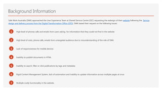 1
2
3
High level of phones calls and emails from users asking for information that they could not find in the website
Safe Work Australia (SWA) approached the User Experience Team at Shared Service Centre (SSC) requesting the redesign of their website following the Service
design and delivery process from the Digital Transformation Office (DTO). SWA based their request on the following issues:
Background Information
High level of visits, phone calls, emails from untargeted audience due to misunderstanding of the role of SWA
Lack of responsiveness for mobile devices
4 Inability to publish documents in HTML
5 Inability to search, filter or click publications by tags and metadata
6 Rigid Content Management System, lack of automation and inability to update information across multiple pages at once
7 Multiple costly functionality in the website.
 