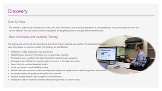 Discovery
User Surveys
The testing was performed with participants that match the pre-defined user profiles. The task based scenarios
were done based on previous studies. The findings are listed below:
• Validation of older publication was questioned
• Related topics, data and information are not associated together
• Participants were unable to find high demanded topics through navigation
• Participants had difficulty to read through the content to find key information
• Search did not provided expected results
• Some participants found labelling unclear
• Model codes of practice and chemical safety information was easily found as well as regulatory information
• Participants value the quality of the publication material
• Most of the participants used Google to find information
• Participants did not read the summary description provided on search results
User Interviews and Usability Testing
This helped to collect user characteristics, role, tasks, what information and resources they look for, user satisfaction, issues that they have with the
current website. This was used to further investigated the targeted audience and pre-defined the Personas.
 