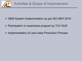  QMS System Implementation as per ISO 9001:2015
 Participation in awareness program by TUV SUD
 Implementation of Lean base Production Process
8
Activities & Scope of Improvement
 