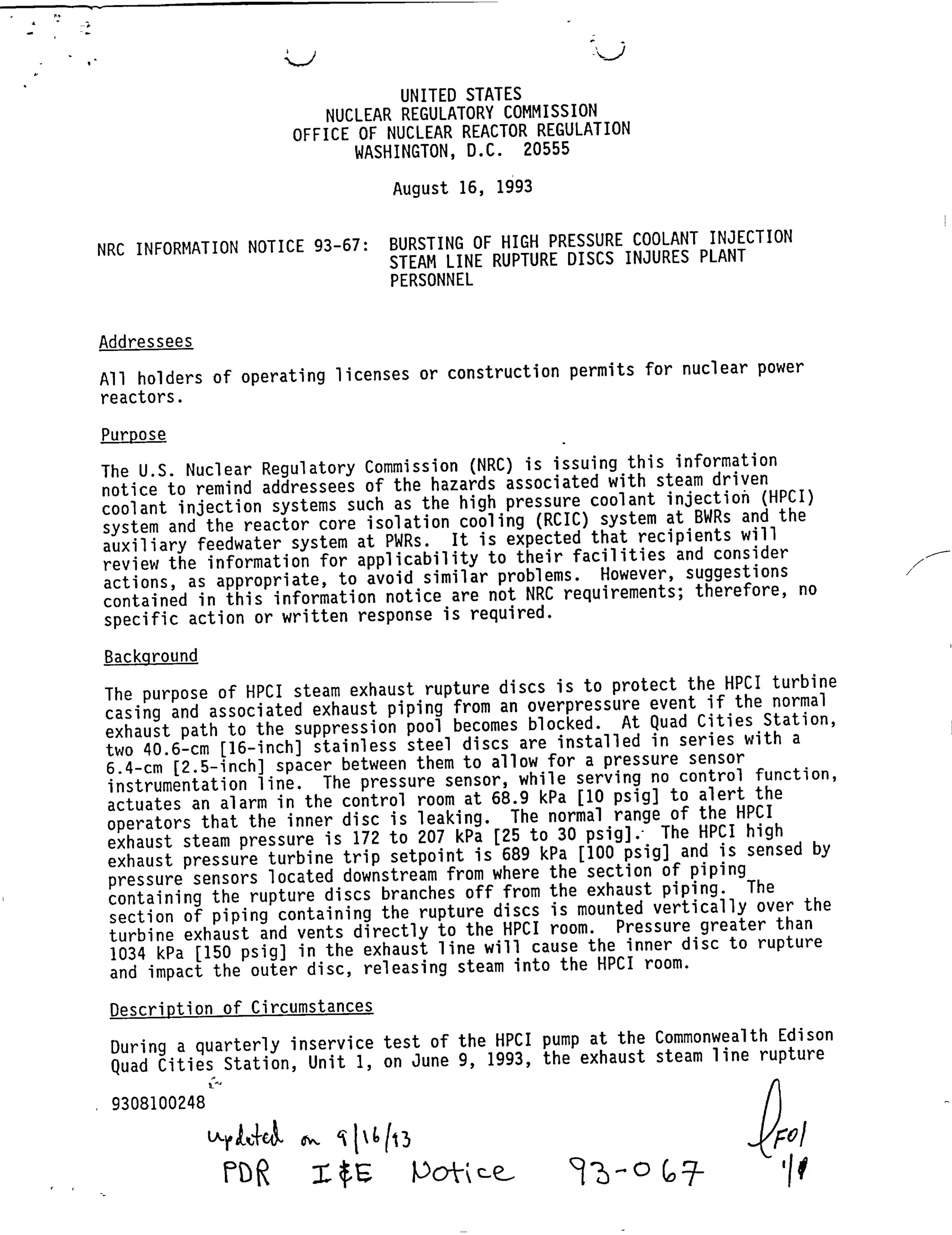 IN 93-67 HPCI Rupture Disc | PDF