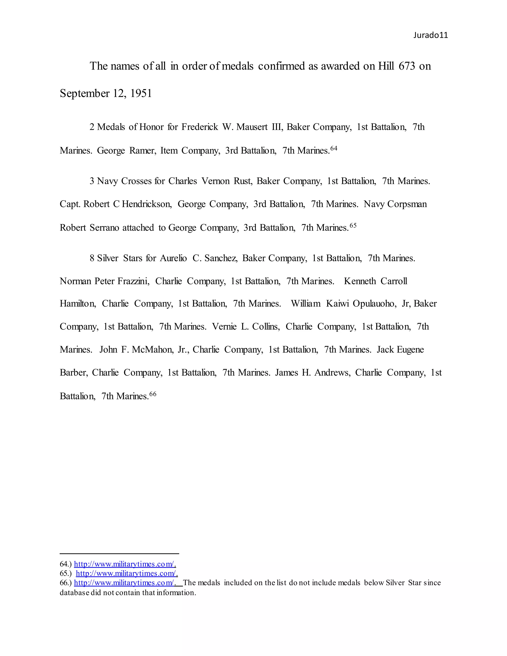 Jurado11
The names of all in order of medals confirmed as awarded on Hill 673 on
September 12, 1951
2 Medals of Honor for Frederick W. Mausert III, Baker Company, 1st Battalion, 7th
Marines. George Ramer, Item Company, 3rd Battalion, 7th Marines.64
3 Navy Crosses for Charles Vernon Rust, Baker Company, 1st Battalion, 7th Marines.
Capt. Robert C Hendrickson, George Company, 3rd Battalion, 7th Marines. Navy Corpsman
Robert Serrano attached to George Company, 3rd Battalion, 7th Marines.65
8 Silver Stars for Aurelio C. Sanchez, Baker Company, 1st Battalion, 7th Marines.
Norman Peter Frazzini, Charlie Company, 1st Battalion, 7th Marines. Kenneth Carroll
Hamilton, Charlie Company, 1st Battalion, 7th Marines. William Kaiwi Opulauoho, Jr, Baker
Company, 1st Battalion, 7th Marines. Vernie L. Collins, Charlie Company, 1st Battalion, 7th
Marines. John F. McMahon, Jr., Charlie Company, 1st Battalion, 7th Marines. Jack Eugene
Barber, Charlie Company, 1st Battalion, 7th Marines. James H. Andrews, Charlie Company, 1st
Battalion, 7th Marines.66
64.) http://www.militarytimes.com/.
65.) http://www.militarytimes.com/.
66.) http://www.militarytimes.com/. The medals included on the list do not include medals below Silver Star since
database did not contain that information.
 