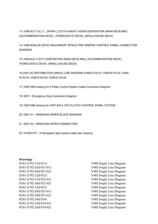 13. H385-E217.42_r1_ (SFI461)_CCTV & NIGHT VISION DISPOSITION (MAIN DECK-MID)
(ACCOMMODATION DECK) , (FORECASTLE DECK), (WHELLHOUSE DECK)
14. H383-E655.08 (SFI57) MACHINERY SPACE FIRE DAMPER CONTROL PANEL CONNECTION
DIAGRAM
15. H383-E217 CCTV DISPOSITION (MAIN DECK-MID), (ACCOMMODATION DECK) ,
(FORECASTLE DECK), (WHELLHOUSE DECK)
16.230V AC DISTRIBUTION SINGLE LINE DIAGRAM (H390-E103.01, H390-E103.02, H390-
E103.04, H390-E103.05, H390-E103.06
17. H387/388 drawing for Z-Peller Control System Cable Connection Diagram
18. E607 - Emergency Stop Connection Diagram.
19. H387/388 drawing for H387-E614_FIFI CLUTCH CONTROL PANEL SYSTEM
20. E651.51 - WINDOWS WIPER BLOCK DIAGRAM
21. E651.52 - WINDOWS WIPER CONNECTION
22. H105/H107 - of Navigation light system cable plan drawing
Drawings
H381-E702.51(FS51) VMS Single Line Diagram
H381-E702.45(FS51-01) VMS Single Line Diagram
H381-E702.46(FS51-02) VMS Single Line Diagram
H381-E702.52(FS52) VMS Single Line Diagram
H381-E702.47(FS52-01) VMS Single Line Diagram
H381-E702.48(FS52-02) VMS Single Line Diagram
H381-E702.53(FS53) VMS Single Line Diagram
H381-E702.49(FS53-01) VMS Single Line Diagram
H381-E702.50(FS53-02) VMS Single Line Diagram
H381-E702.54(FS54) VMS Single Line Diagram
H381-E702.55(FS54-01) VMS Single Line Diagram
H381-E702.56(FS54-02) VMS Single Line Diagram
 