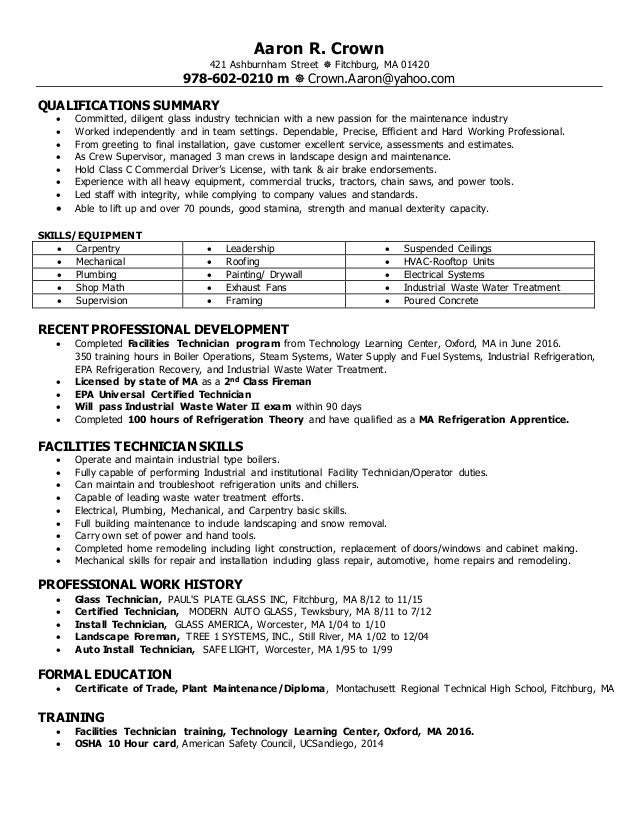 aaron crown facilities maintenance tech resume auto tech resume modern