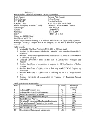 BIO-DATA
Specialization: Structural Engineering – Civil Engineering
Home Address Working Place Address
H.C.M. Swamy H.C.M. Swamy
C/O HARSHA Assistant Professor
II Main, I Cross, Civil Engineering Department
Behind Siddaganga Women’s College Harmaya University Main Campus
Gandhinagar P.O. Box-138
Tumkur DIREDAWA
Karnataka EITHIOPIA
INDIA +251 9453 88 464
Mobile No: 919538740461
Land No: 0816-2277635
Profile: At present I am working as an assistant professor in civil engineering department.
Harmaya University Ethiopia Now I am applying for the post of Professor in your
concern.
Achievements:
1. Achieved & Stud First Position in UGC- JRF in All India level.
2. Obtained Certificate of appreciation for Producing 100% result in Advanced RCC
Structures.
3. Obtained Certificate of appreciation for Producing 100% result in Matrix Method
of Structural Analysis.
4. Achieved Certificate of merit as best staff in Construction Techniques and
Practice.
5. Obtained Certificate of appreciation in teaching by CII(Confederation of Indian
Industry)
6. Obtained Certificate of Appreciation in Teaching by GBDT Civil Engineering
Association
7. Obtained Certificate of Appreciation in Teaching by Sir M.V.College Science
club
8. Obtained Certificate of Appreciation in Teaching by Karnataka Science
Federation.
Achievement as an Academician:
Sl No Subject Course Percentage
of Result
1 Advanced Design Of RCC PG 100%
2 Advanced Design of Steel Structures PG 100%
3 Prestressed Concrete Structures PG 94%
4 Matrix Method of Structural Analysis PG 100%
5 Finite Element Analysis PG 98%
6 Structural Dynamics and Earthquake Engineering PG 100%
7 Soil Mechanics and Foundation Engineering UG 87%
8 Structural Analysis-I UG 84%
9 Structural Analysis-II UG 82%
10 Construction Planning and Management UG 87%
 