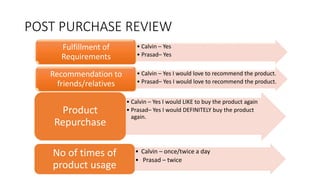 POST PURCHASE REVIEW
• Calvin – Yes
• Prasad– Yes
Fulfillment of
Requirements
• Calvin – Yes I would love to recommend the product.
• Prasad– Yes I would love to recommend the product.
Recommendation to
friends/relatives
• Calvin – Yes I would LIKE to buy the product again
• Prasad– Yes I would DEFINITELY buy the product
again.
Product
Repurchase
• Calvin – once/twice a day
• Prasad – twice
No of times of
product usage
 