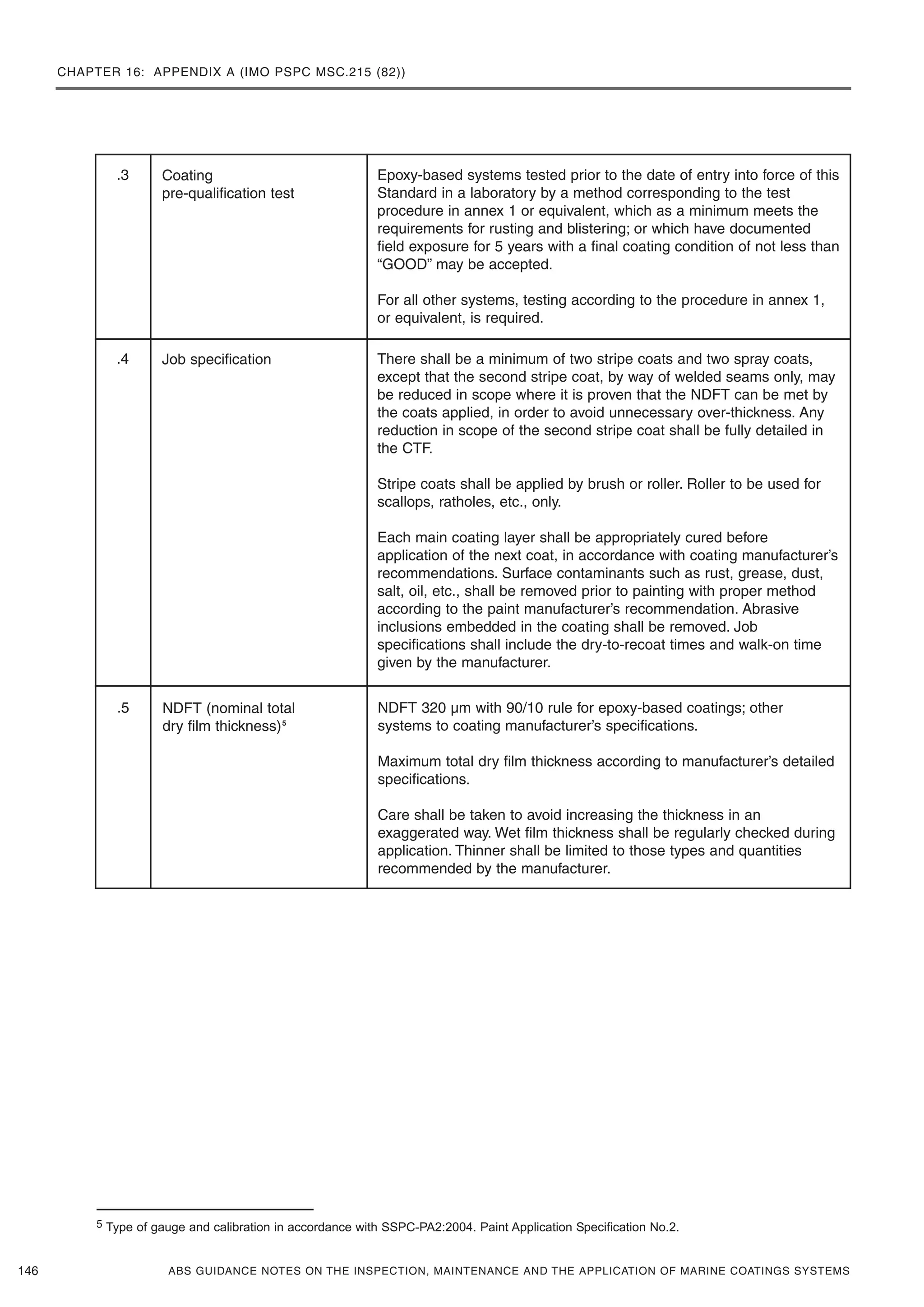 CHAPTER 16: APPENDIX A (IMO PSPC MSC.215 (82))
ABS GUIDANCE NOTES ON THE INSPECTION, MAINTENANCE AND THE APPLICATION OF MARINE COATINGS SYSTEMS146
.3 Coating
pre-qualification test
Epoxy-based systems tested prior to the date of entry into force of this
Standard in a laboratory by a method corresponding to the test
procedure in annex 1 or equivalent, which as a minimum meets the
requirements for rusting and blistering; or which have documented
field exposure for 5 years with a final coating condition of not less than
“GOOD” may be accepted.
For all other systems, testing according to the procedure in annex 1,
or equivalent, is required.
.4 Job specification There shall be a minimum of two stripe coats and two spray coats,
except that the second stripe coat, by way of welded seams only, may
be reduced in scope where it is proven that the NDFT can be met by
the coats applied, in order to avoid unnecessary over-thickness. Any
reduction in scope of the second stripe coat shall be fully detailed in
the CTF.
Stripe coats shall be applied by brush or roller. Roller to be used for
scallops, ratholes, etc., only.
Each main coating layer shall be appropriately cured before
application of the next coat, in accordance with coating manufacturer’s
recommendations. Surface contaminants such as rust, grease, dust,
salt, oil, etc., shall be removed prior to painting with proper method
according to the paint manufacturer’s recommendation. Abrasive
inclusions embedded in the coating shall be removed. Job
specifications shall include the dry-to-recoat times and walk-on time
given by the manufacturer.
.5 NDFT (nominal total
dry film thickness)5
NDFT 320 µm with 90/10 rule for epoxy-based coatings; other
systems to coating manufacturer’s specifications.
Maximum total dry film thickness according to manufacturer’s detailed
specifications.
Care shall be taken to avoid increasing the thickness in an
exaggerated way. Wet film thickness shall be regularly checked during
application. Thinner shall be limited to those types and quantities
recommended by the manufacturer.
5 Type of gauge and calibration in accordance with SSPC-PA2:2004. Paint Application Specification No.2.
 