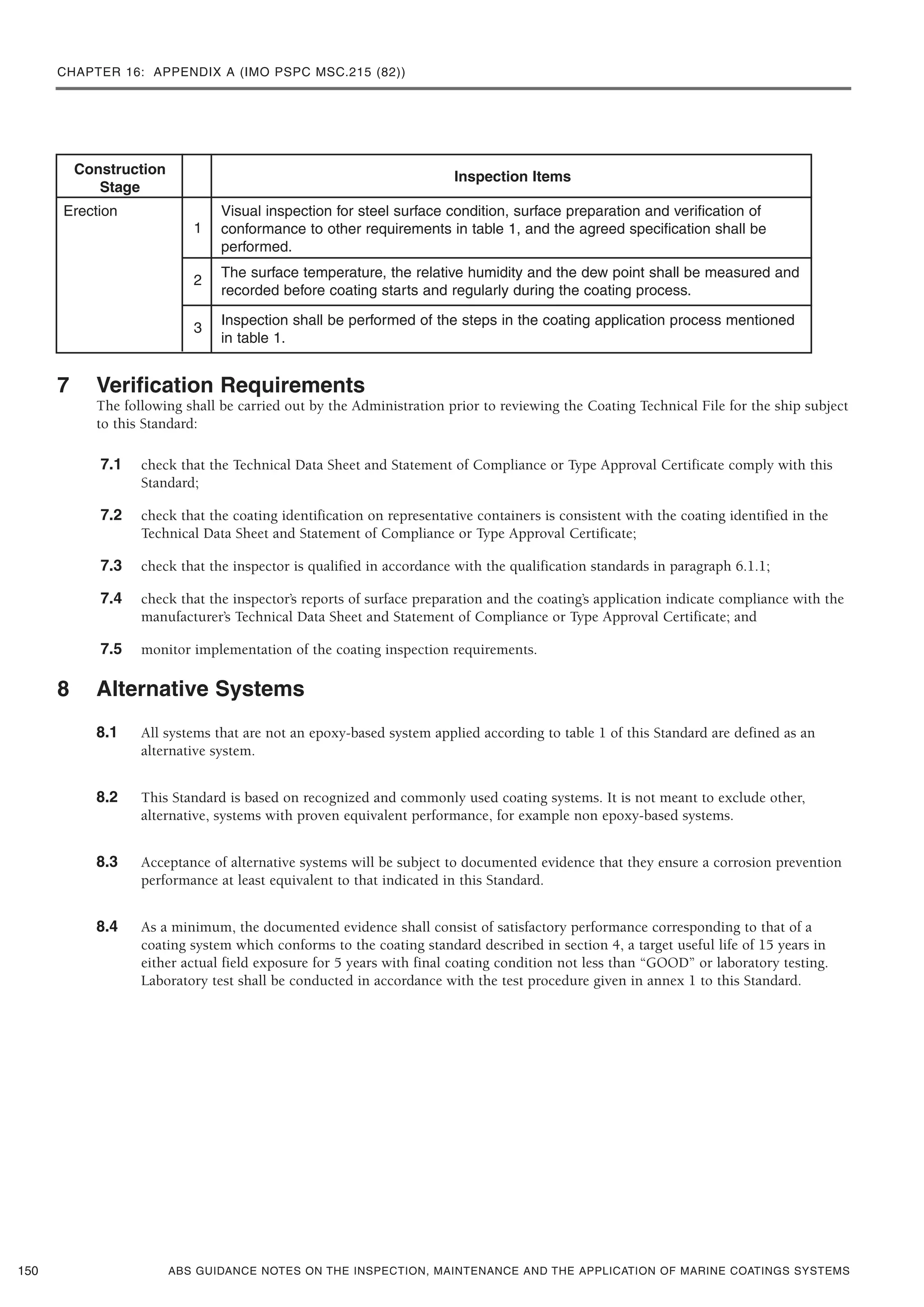 CHAPTER 16: APPENDIX A (IMO PSPC MSC.215 (82))
ABS GUIDANCE NOTES ON THE INSPECTION, MAINTENANCE AND THE APPLICATION OF MARINE COATINGS SYSTEMS
7 Verification Requirements
The following shall be carried out by the Administration prior to reviewing the Coating Technical File for the ship subject
to this Standard:
7.1 check that the Technical Data Sheet and Statement of Compliance or Type Approval Certificate comply with this
Standard;
7.2 check that the coating identification on representative containers is consistent with the coating identified in the
Technical Data Sheet and Statement of Compliance or Type Approval Certificate;
7.3 check that the inspector is qualified in accordance with the qualification standards in paragraph 6.1.1;
7.4 check that the inspector’s reports of surface preparation and the coating’s application indicate compliance with the
manufacturer’s Technical Data Sheet and Statement of Compliance or Type Approval Certificate; and
7.5 monitor implementation of the coating inspection requirements.
8 Alternative Systems
8.1 All systems that are not an epoxy-based system applied according to table 1 of this Standard are defined as an
alternative system.
8.2 This Standard is based on recognized and commonly used coating systems. It is not meant to exclude other,
alternative, systems with proven equivalent performance, for example non epoxy-based systems.
8.3 Acceptance of alternative systems will be subject to documented evidence that they ensure a corrosion prevention
performance at least equivalent to that indicated in this Standard.
8.4 As a minimum, the documented evidence shall consist of satisfactory performance corresponding to that of a
coating system which conforms to the coating standard described in section 4, a target useful life of 15 years in
either actual field exposure for 5 years with final coating condition not less than “GOOD” or laboratory testing.
Laboratory test shall be conducted in accordance with the test procedure given in annex 1 to this Standard.
150
Construction
Stage
Inspection Items
1
Erection Visual inspection for steel surface condition, surface preparation and verification of
conformance to other requirements in table 1, and the agreed specification shall be
performed.
2
The surface temperature, the relative humidity and the dew point shall be measured and
recorded before coating starts and regularly during the coating process.
3
Inspection shall be performed of the steps in the coating application process mentioned
in table 1.
 