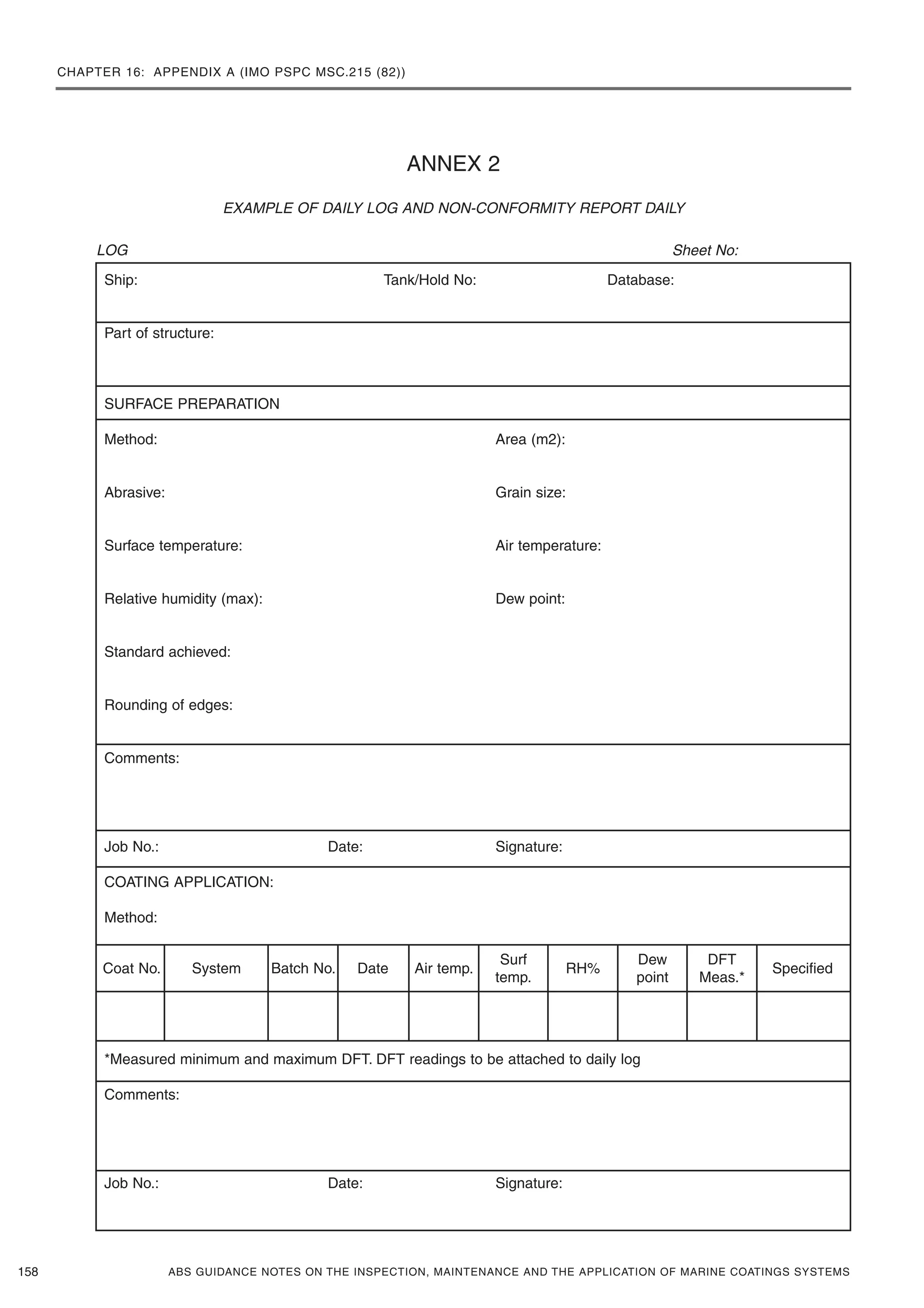 CHAPTER 16: APPENDIX A (IMO PSPC MSC.215 (82))
ABS GUIDANCE NOTES ON THE INSPECTION, MAINTENANCE AND THE APPLICATION OF MARINE COATINGS SYSTEMS
ANNEX 2
EXAMPLE OF DAILY LOG AND NON-CONFORMITY REPORT DAILY
LOG Sheet No:
158
Ship: Tank/Hold No: Database:
Part of structure:
SURFACE PREPARATION
Method: Area (m2):
Abrasive: Grain size:
Surface temperature: Air temperature:
Relative humidity (max): Dew point:
Standard achieved:
Rounding of edges:
Comments:
Job No.: Date: Signature:
COATING APPLICATION:
Method:
*Measured minimum and maximum DFT. DFT readings to be attached to daily log
Comments:
Job No.: Date: Signature:
Coat No. System Batch No. Date Air temp.
Surf
temp.
RH%
Dew
point
DFT
Meas.*
Specified
 