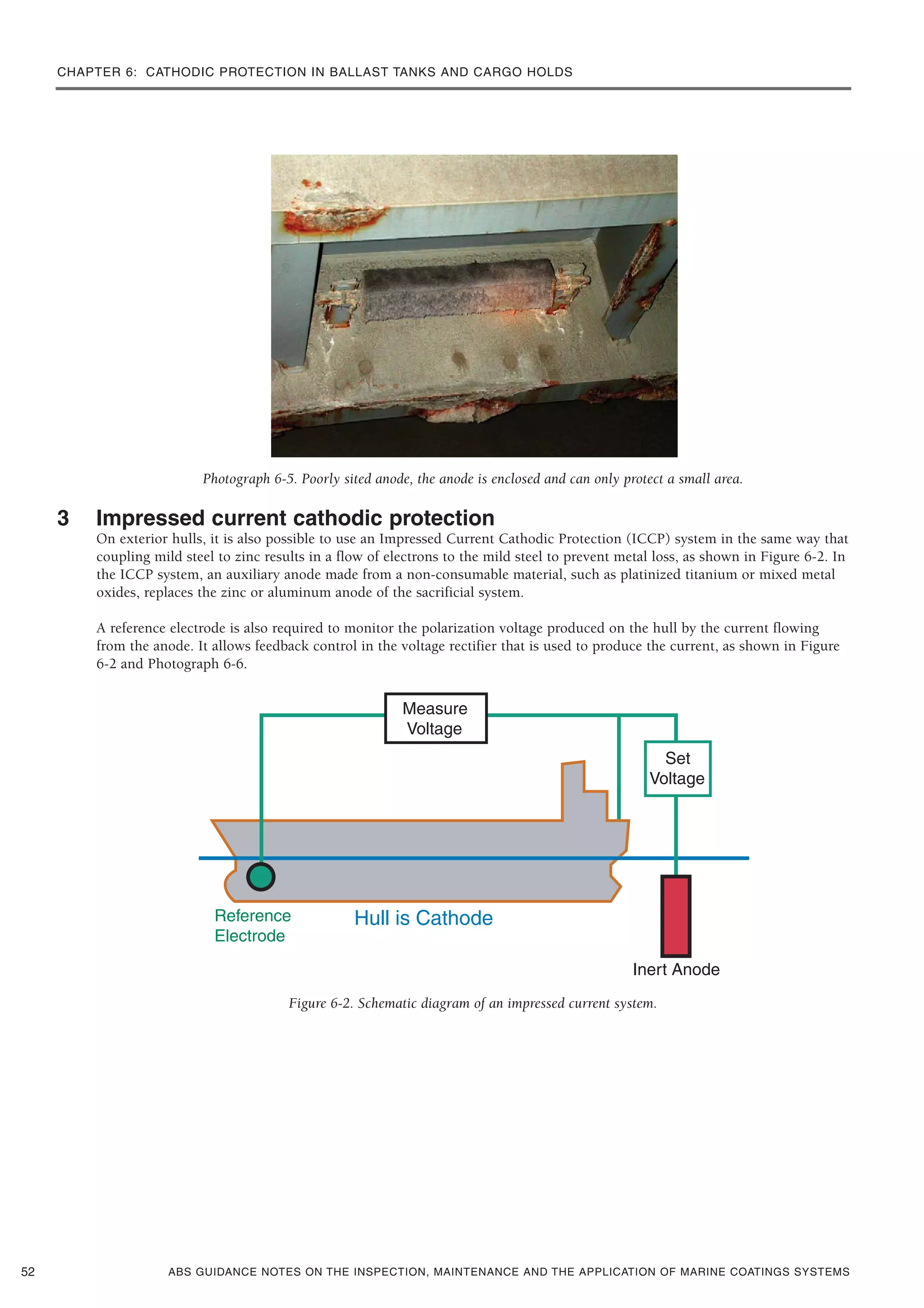 CHAPTER 6: CATHODIC PROTECTION IN BALLAST TANKS AND CARGO HOLDS
ABS GUIDANCE NOTES ON THE INSPECTION, MAINTENANCE AND THE APPLICATION OF MARINE COATINGS SYSTEMS
Photograph 6-5. Poorly sited anode, the anode is enclosed and can only protect a small area.
3 Impressed current cathodic protection
On exterior hulls, it is also possible to use an Impressed Current Cathodic Protection (ICCP) system in the same way that
coupling mild steel to zinc results in a flow of electrons to the mild steel to prevent metal loss, as shown in Figure 6-2. In
the ICCP system, an auxiliary anode made from a non-consumable material, such as platinized titanium or mixed metal
oxides, replaces the zinc or aluminum anode of the sacrificial system.
A reference electrode is also required to monitor the polarization voltage produced on the hull by the current flowing
from the anode. It allows feedback control in the voltage rectifier that is used to produce the current, as shown in Figure
6-2 and Photograph 6-6.
Figure 6-2. Schematic diagram of an impressed current system.
52
 