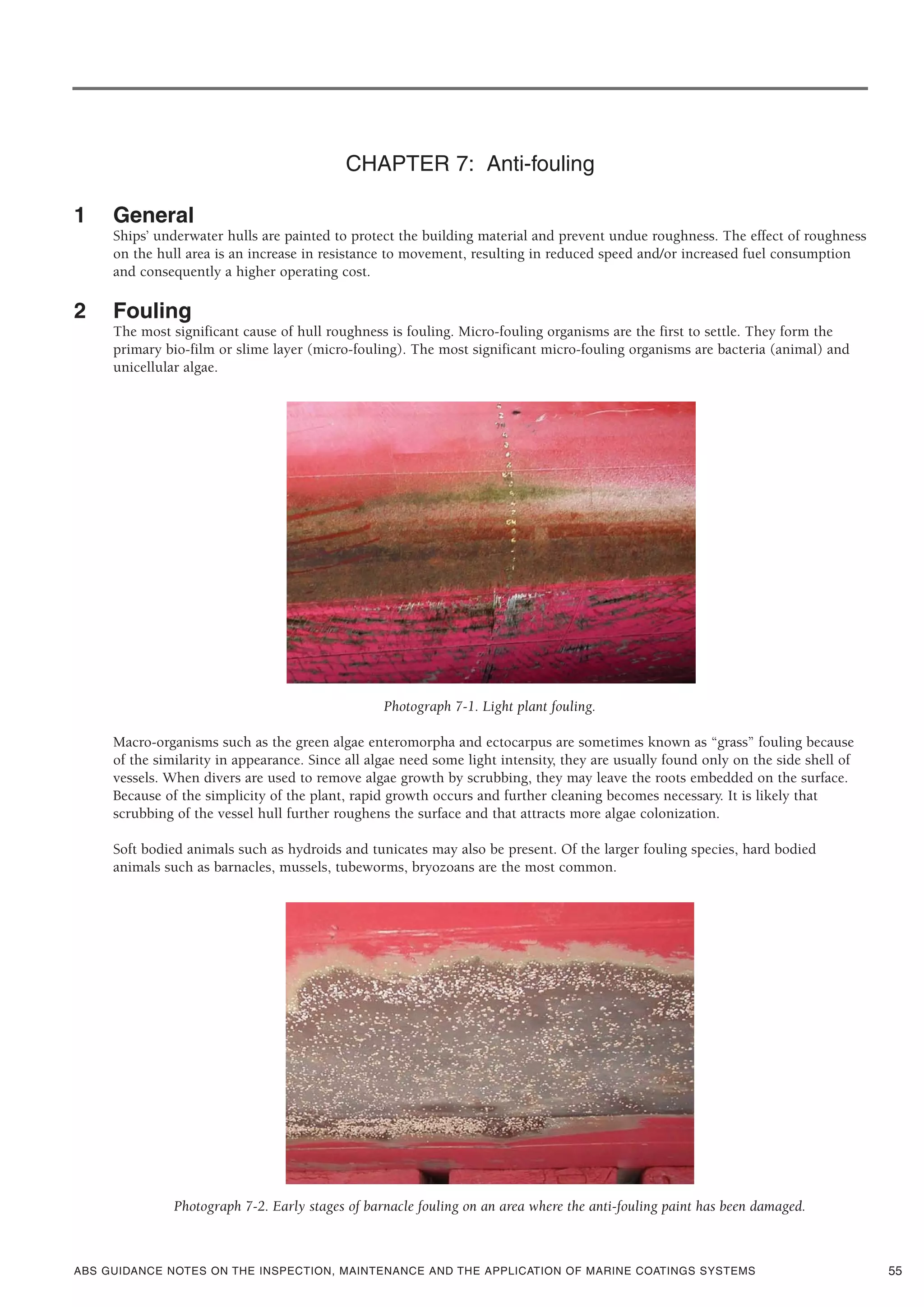 ABS GUIDANCE NOTES ON THE INSPECTION, MAINTENANCE AND THE APPLICATION OF MARINE COATINGS SYSTEMS
CHAPTER 7: Anti-fouling
1 General
Ships’ underwater hulls are painted to protect the building material and prevent undue roughness. The effect of roughness
on the hull area is an increase in resistance to movement, resulting in reduced speed and/or increased fuel consumption
and consequently a higher operating cost.
2 Fouling
The most significant cause of hull roughness is fouling. Micro-fouling organisms are the first to settle. They form the
primary bio-film or slime layer (micro-fouling). The most significant micro-fouling organisms are bacteria (animal) and
unicellular algae.
Photograph 7-1. Light plant fouling.
Macro-organisms such as the green algae enteromorpha and ectocarpus are sometimes known as “grass” fouling because
of the similarity in appearance. Since all algae need some light intensity, they are usually found only on the side shell of
vessels. When divers are used to remove algae growth by scrubbing, they may leave the roots embedded on the surface.
Because of the simplicity of the plant, rapid growth occurs and further cleaning becomes necessary. It is likely that
scrubbing of the vessel hull further roughens the surface and that attracts more algae colonization.
Soft bodied animals such as hydroids and tunicates may also be present. Of the larger fouling species, hard bodied
animals such as barnacles, mussels, tubeworms, bryozoans are the most common.
Photograph 7-2. Early stages of barnacle fouling on an area where the anti-fouling paint has been damaged.
55
 